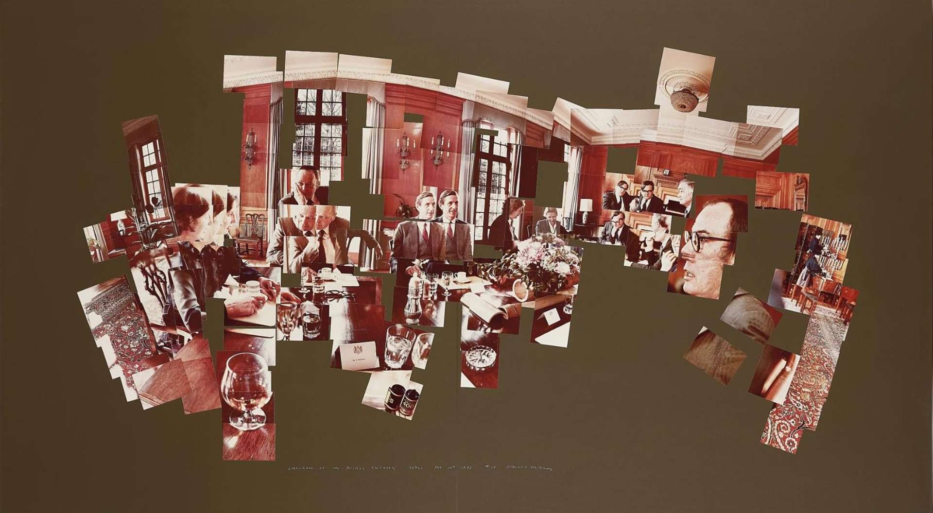 David Hockney's Luncheon At The British Embassy, Tokyo, February 16th 1983. A photo collage of the interior of The British Embassy with mean seated at a table.