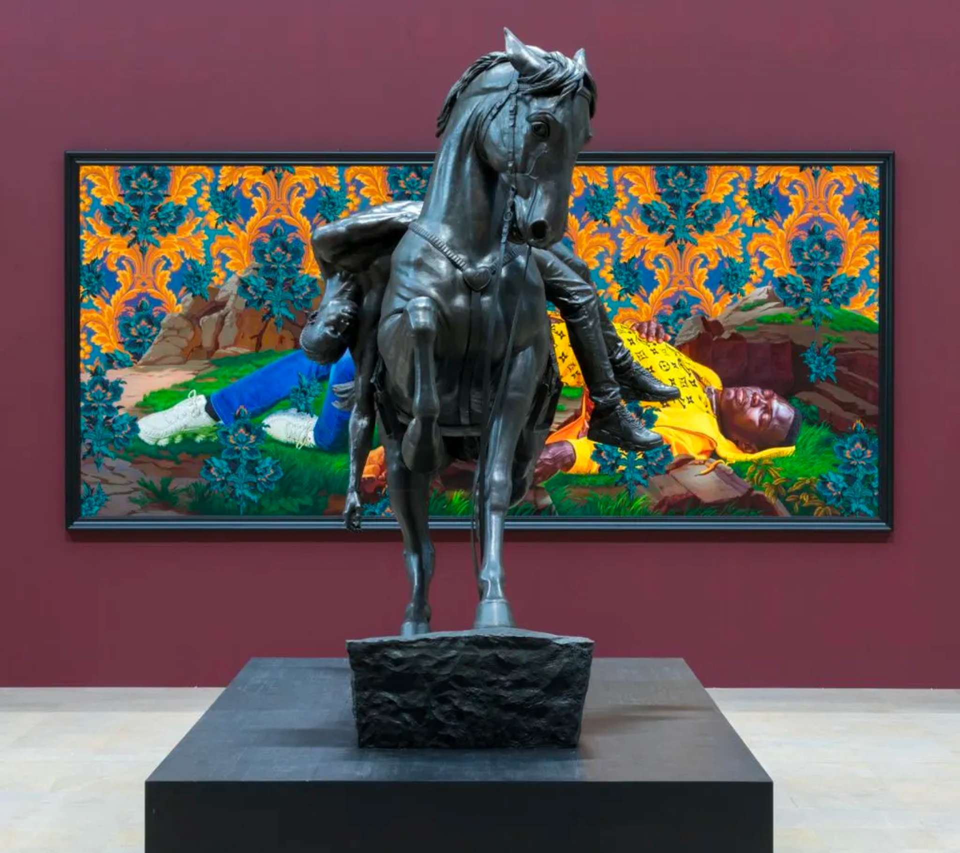 Large equestrian statue and large-scale portrait from Kehinde Wiley exhibition: An Archaeology of Silence at the De Young in San Francisco.