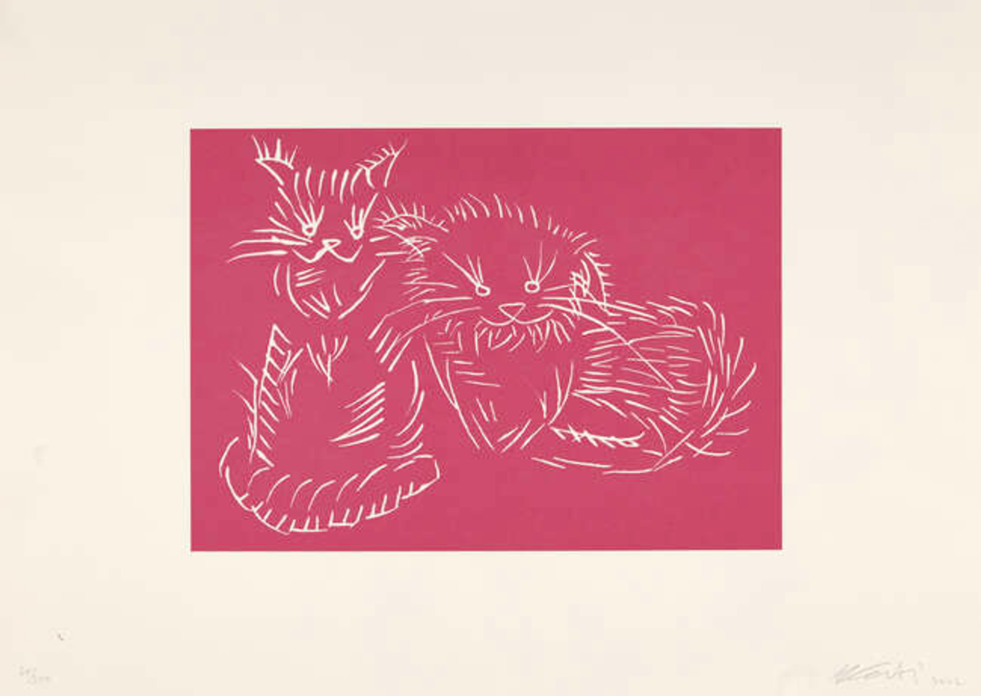 Two cats sketched in white on a deep pink background.