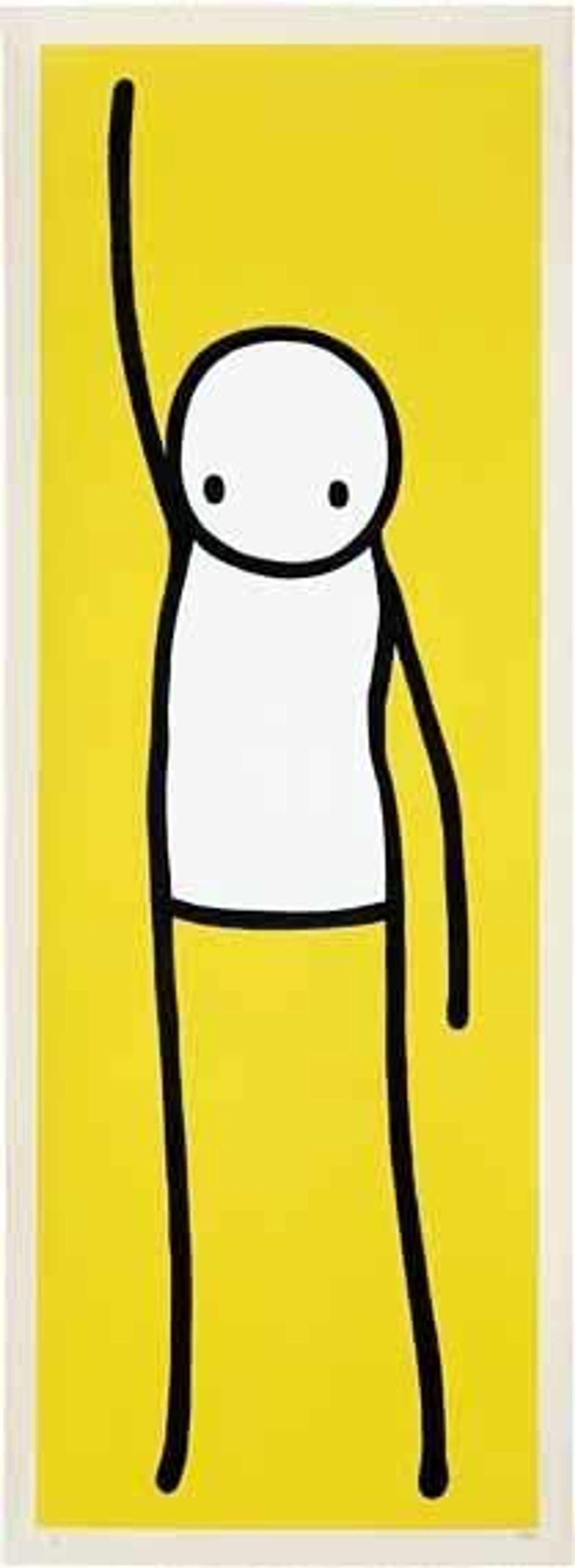 STIK’s Liberty (yellow). A screenprint of a stick figure with one arm raised in the air against a yellow background.
