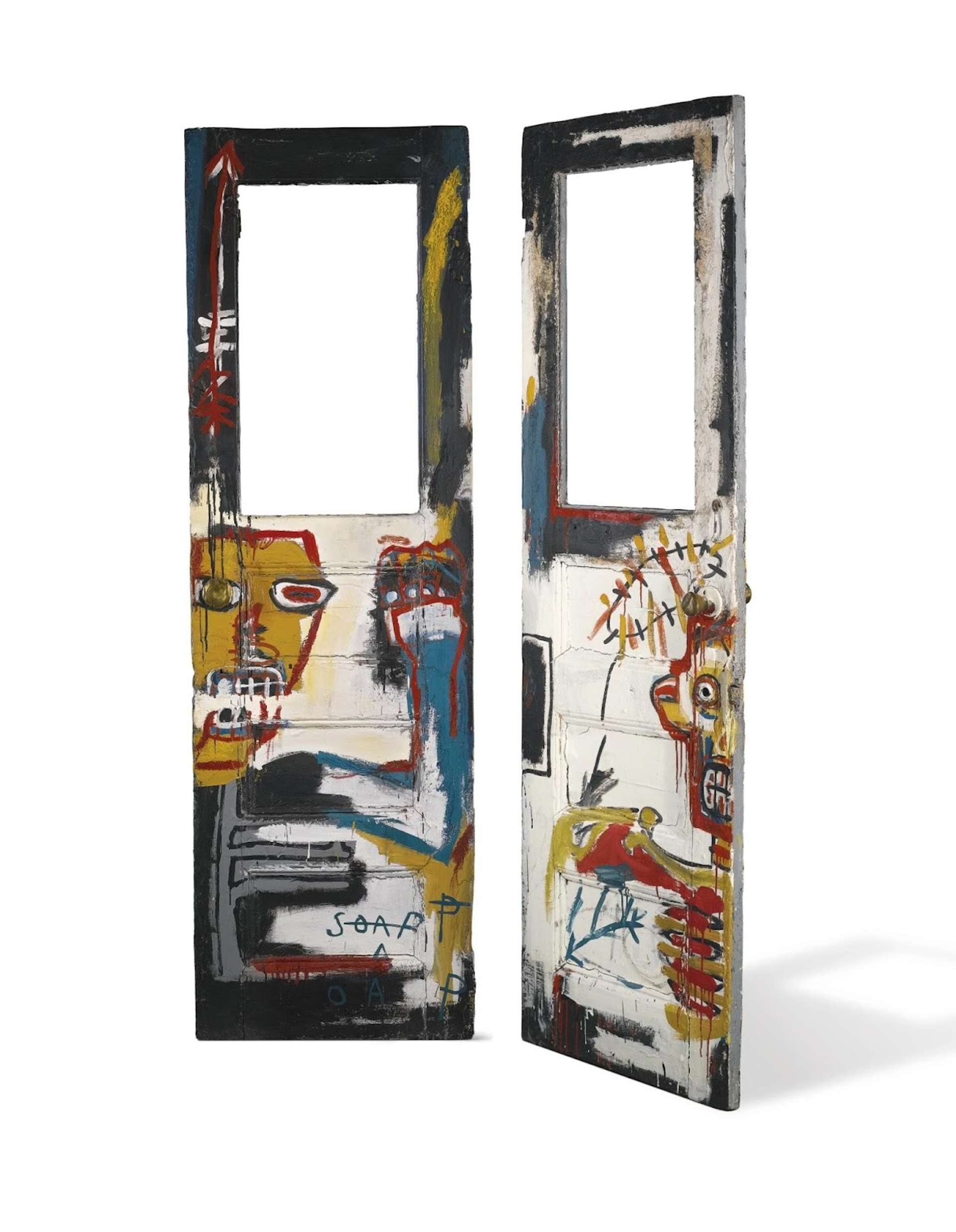 A photograph of the artwork Untitled by Jean-Michel Basquiat, executed on a wooden door. It features some of his signature figures, depicted in red, blue and yellow.