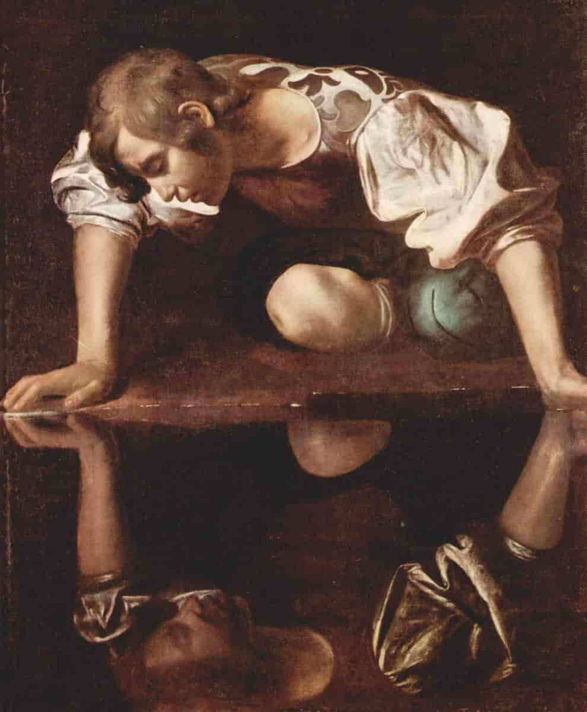 An image of the painting Narcissus by Caravaggio, showing a man who is in love with his own reflection in a pond of water.