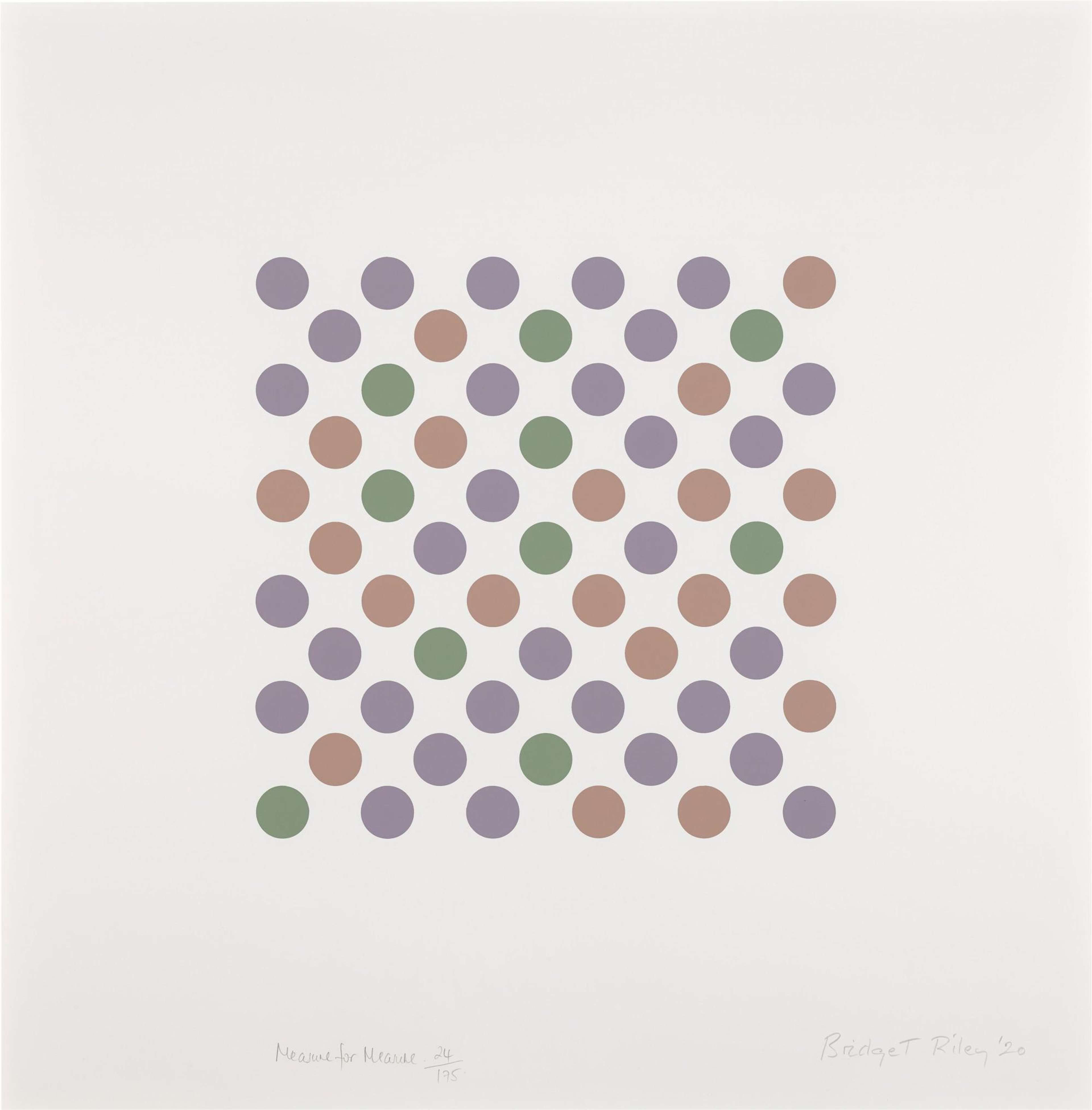 In this print, Riley arranges a collection of spots, all identical in size, in a grid formation. The spots are rendered in green, purple and brown against a plain white backdrop. Evenly spaced out, they evoke a sense of mechanical precision.