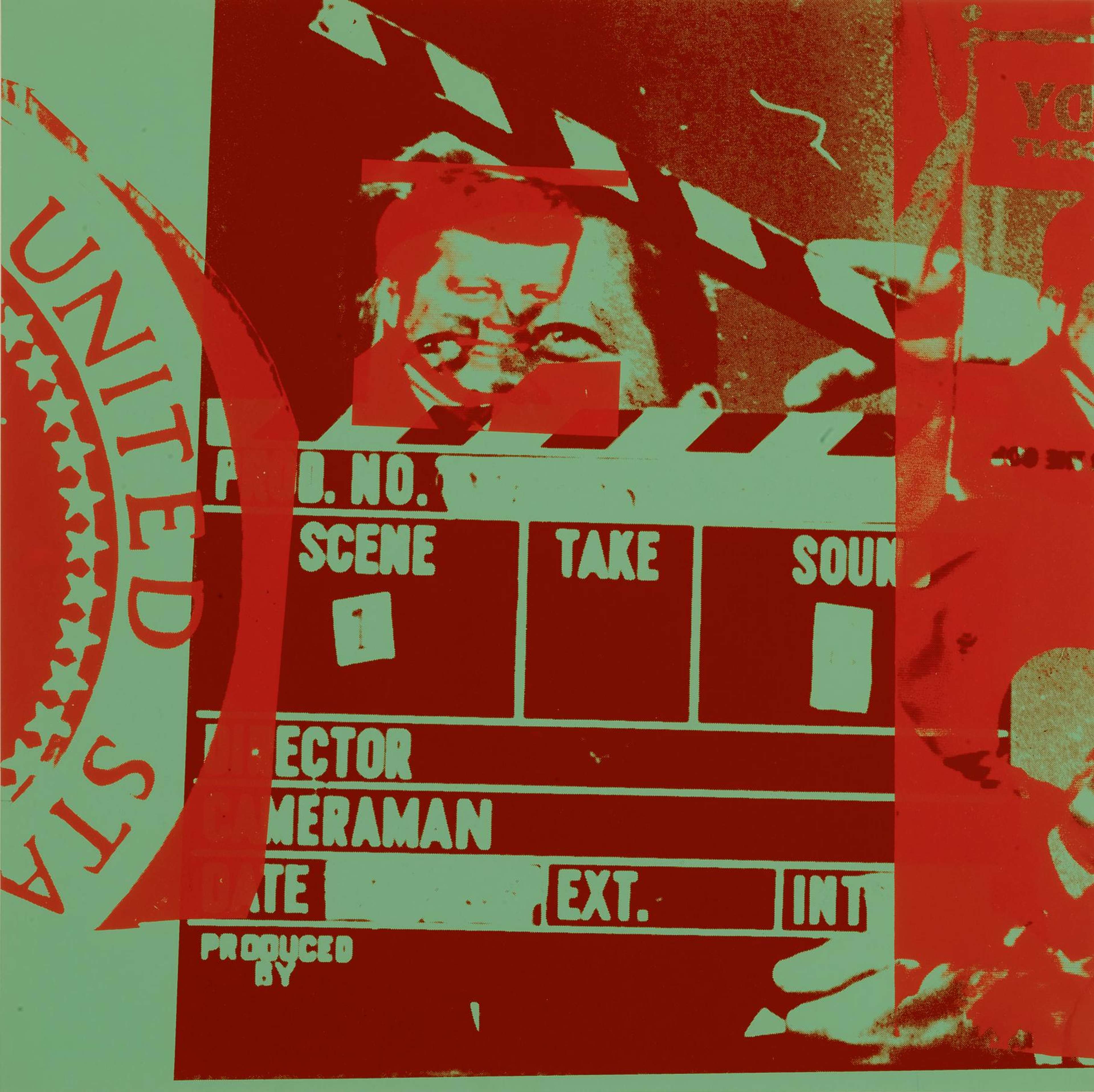 The print shows interlaced images of the president’s portrait, a film clapperboard and the presidential seal. It is depicted in bright red and pale green.