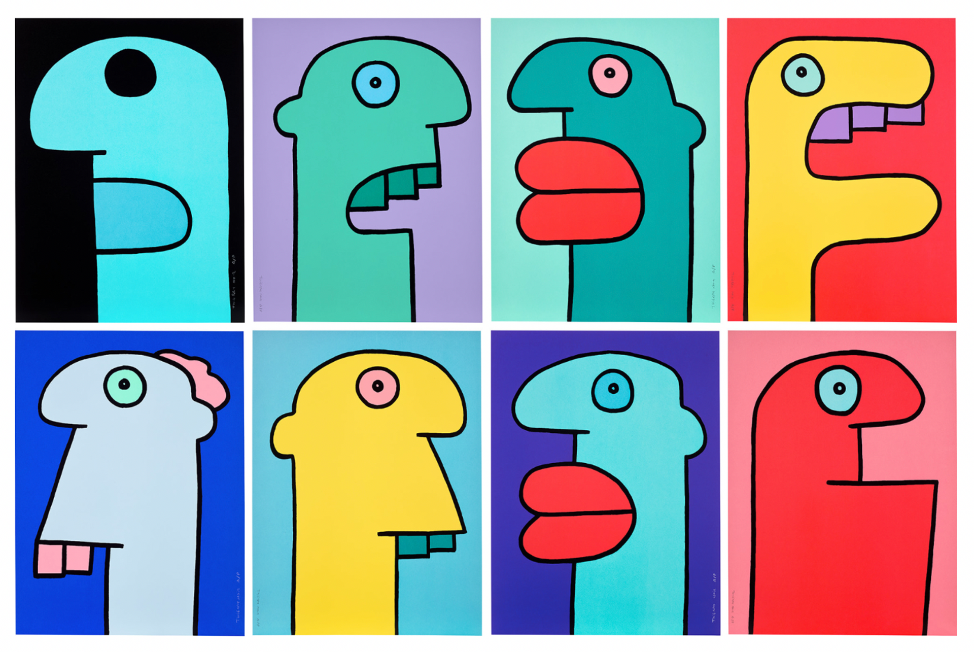 Eight screenprints by Thierry Noir depicting cartoon heads in different bright colour-ways.