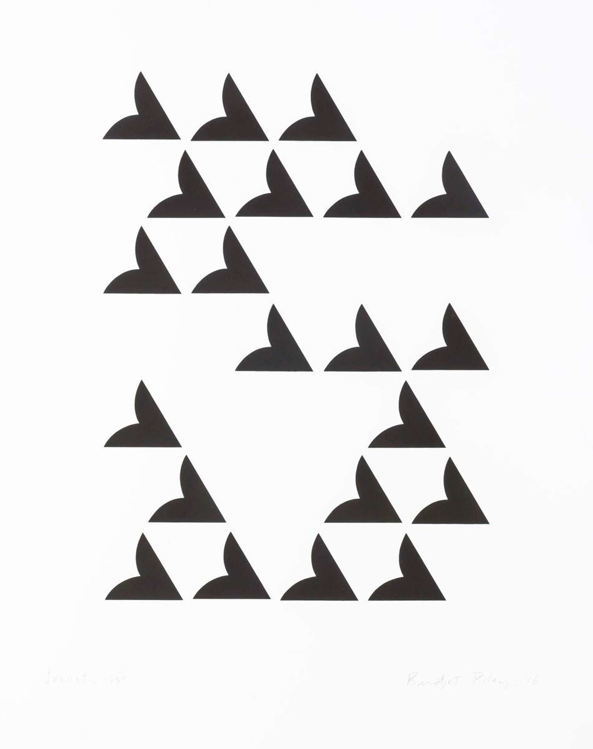 Arranged in a horizontal, vertical or diagonal configuration, depending on one’s perception, the triangular shapes forming Sonnet have a winged left-hand edge. 