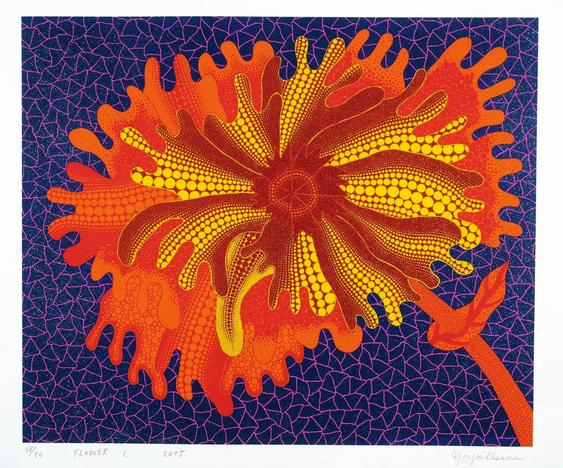 Yayoi Kusama’s Flower C. A screenprint of a flower made of orange, red, and yellow polka dots against a blue and purple geometric background.
