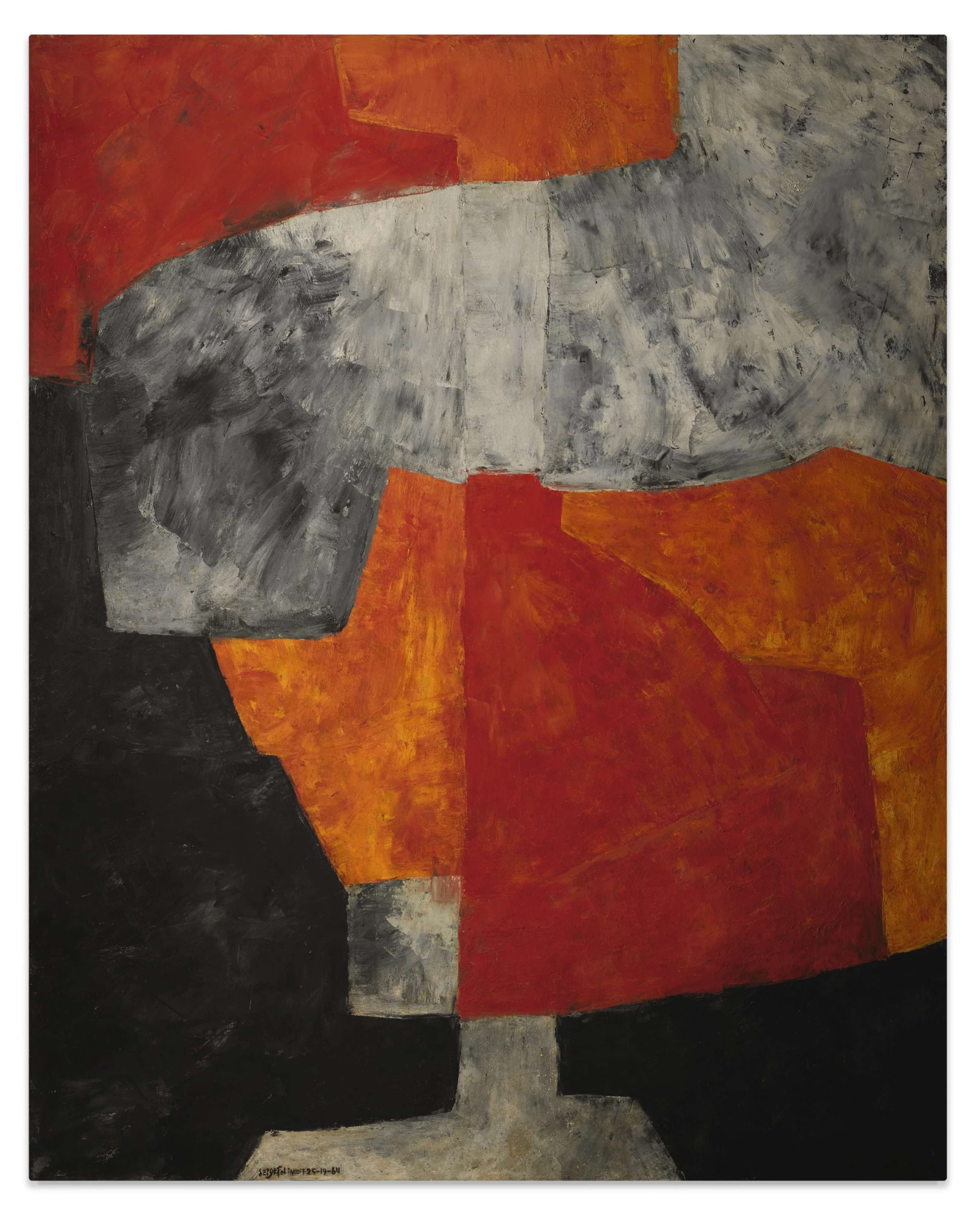 A large oil painting with strong contrasts between textured orange, grey, and black geometric forms. Some shapes containing roughly-painted gradients. The carefully calibrated colour relationships create imagined depth. 