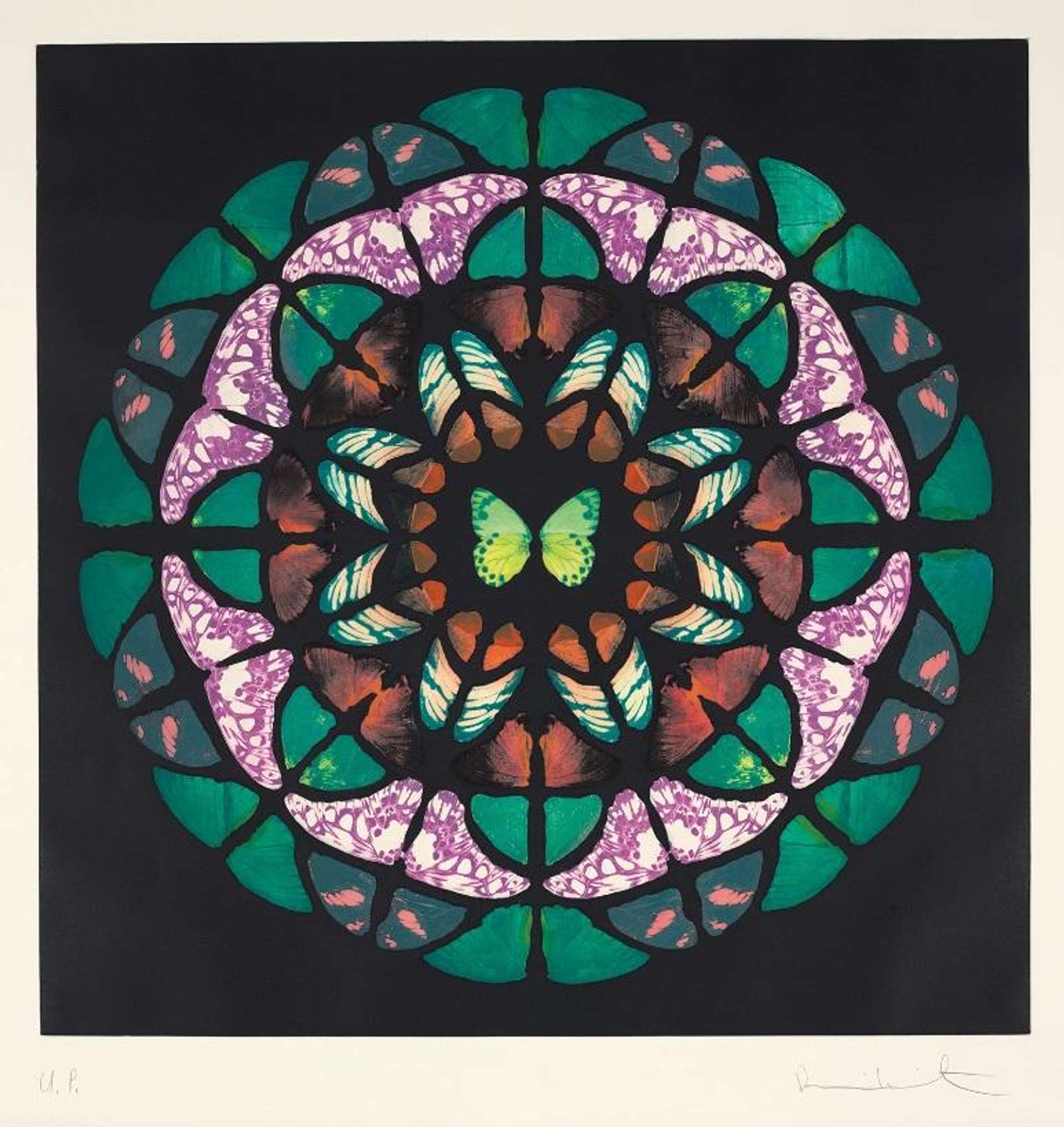 An etching by Damien Hirst depicting an arrangement of butterfly wings to look like stained glass, arranged in concentric circles.