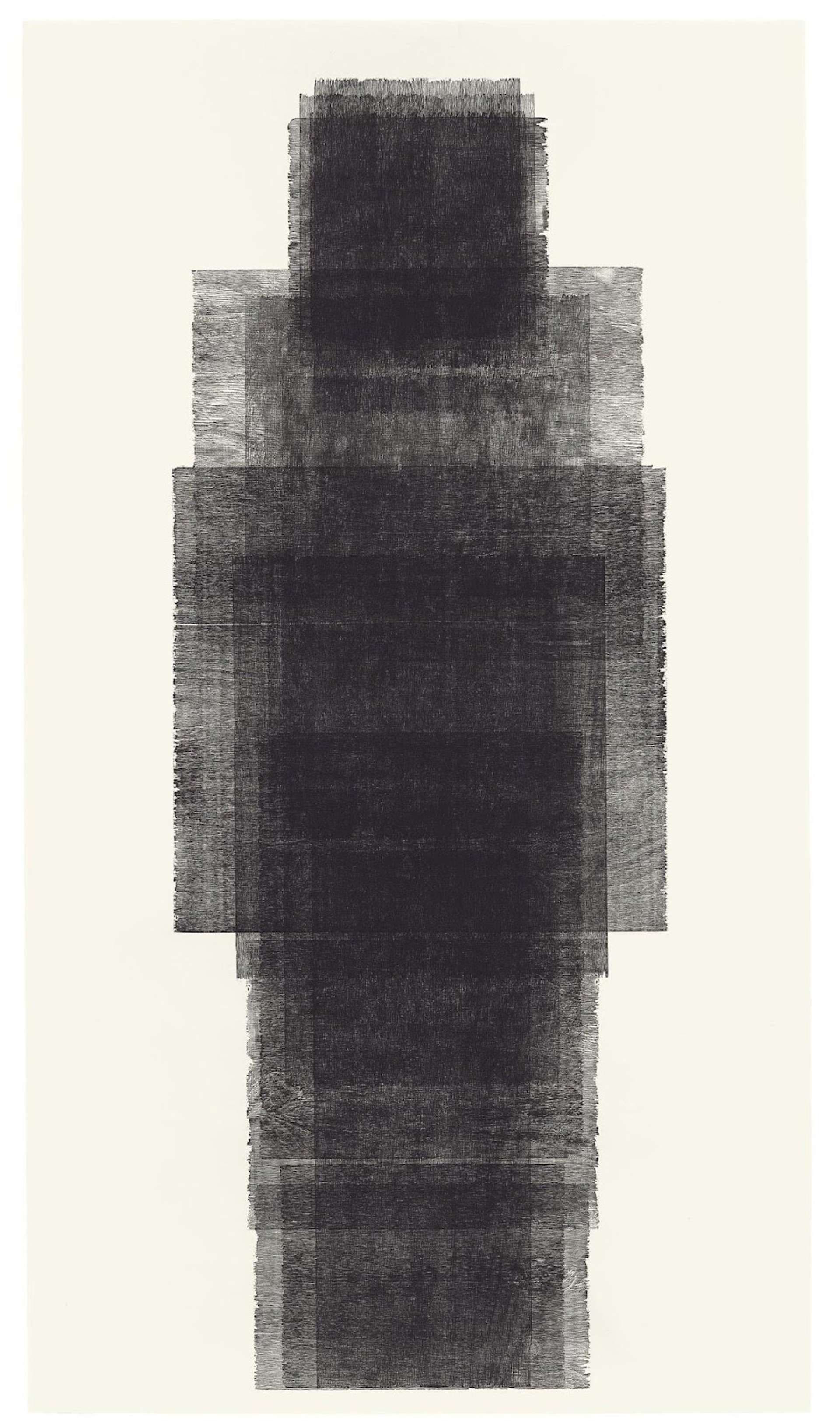 An image of the print Inhabit by artist Antony Gormley. It depicts a black and grey human-like shape composed entirely of blocks, with a light wood grain print.