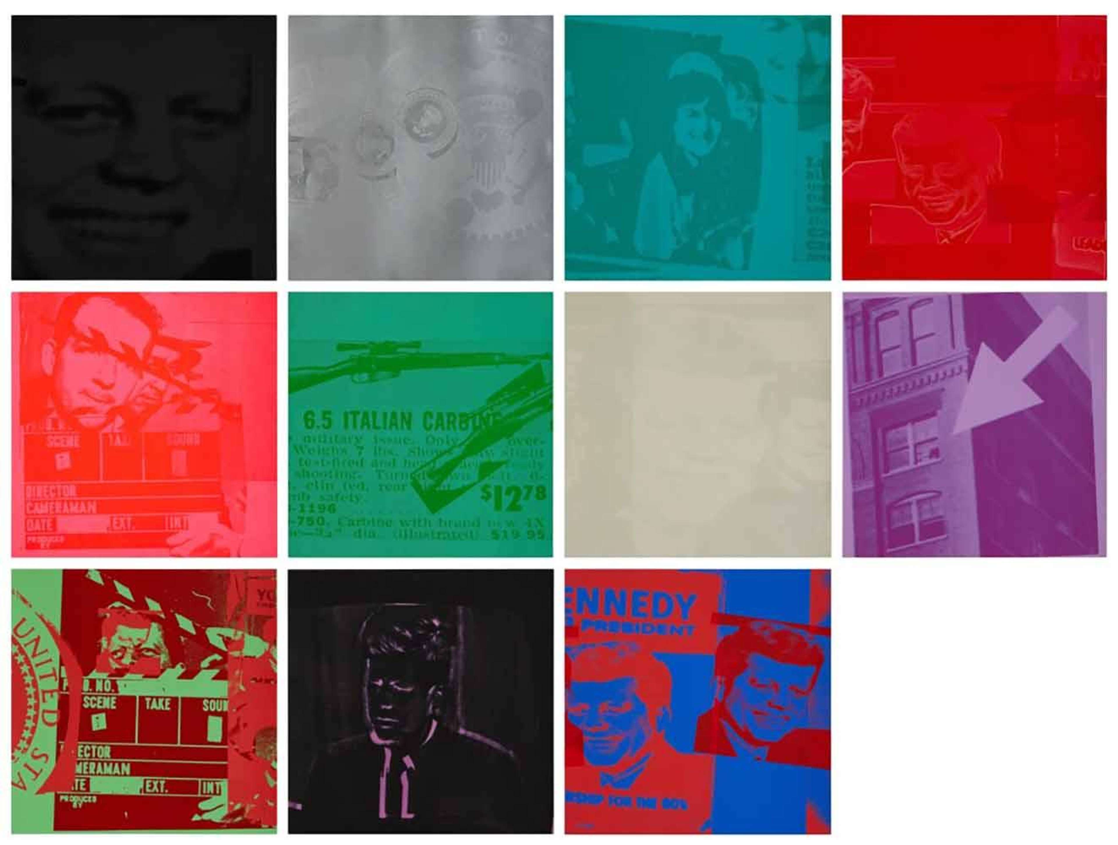 An image of the complete set of prints from Warhol's Flash-November 22 series, showing the events preceding, during and in the aftermath of John F. Kennedy's assassination.