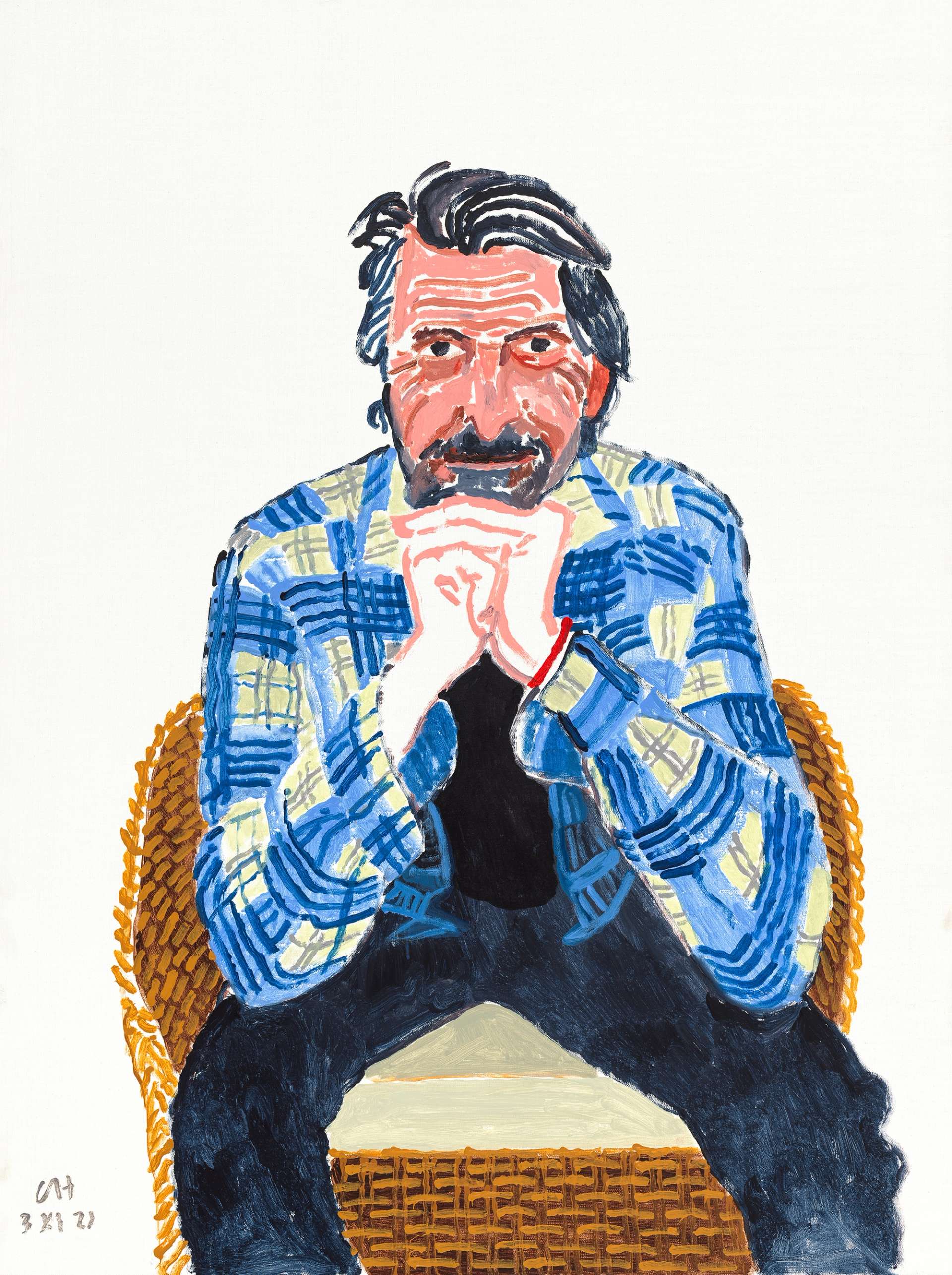 A portrait of Jean-Pierre Gonçlaves by David Hockney. Jean-Pierre sits on a seat with his elbows on his knees, leaning towards the viewer, wearing a blue plaid shirt.