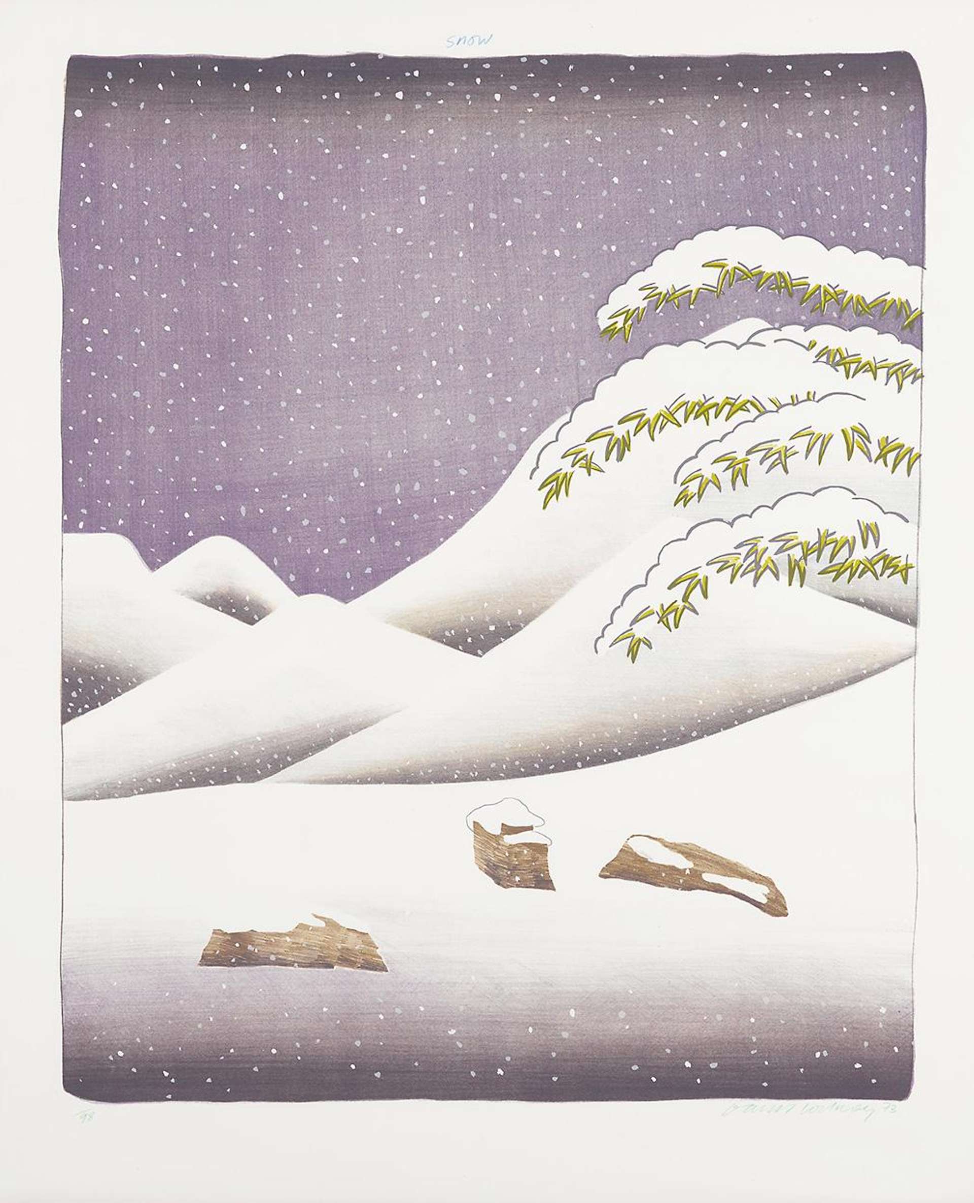 A snowscape by artist David Hockney, depicted in tones of lilac and white in a deliberately flat style.