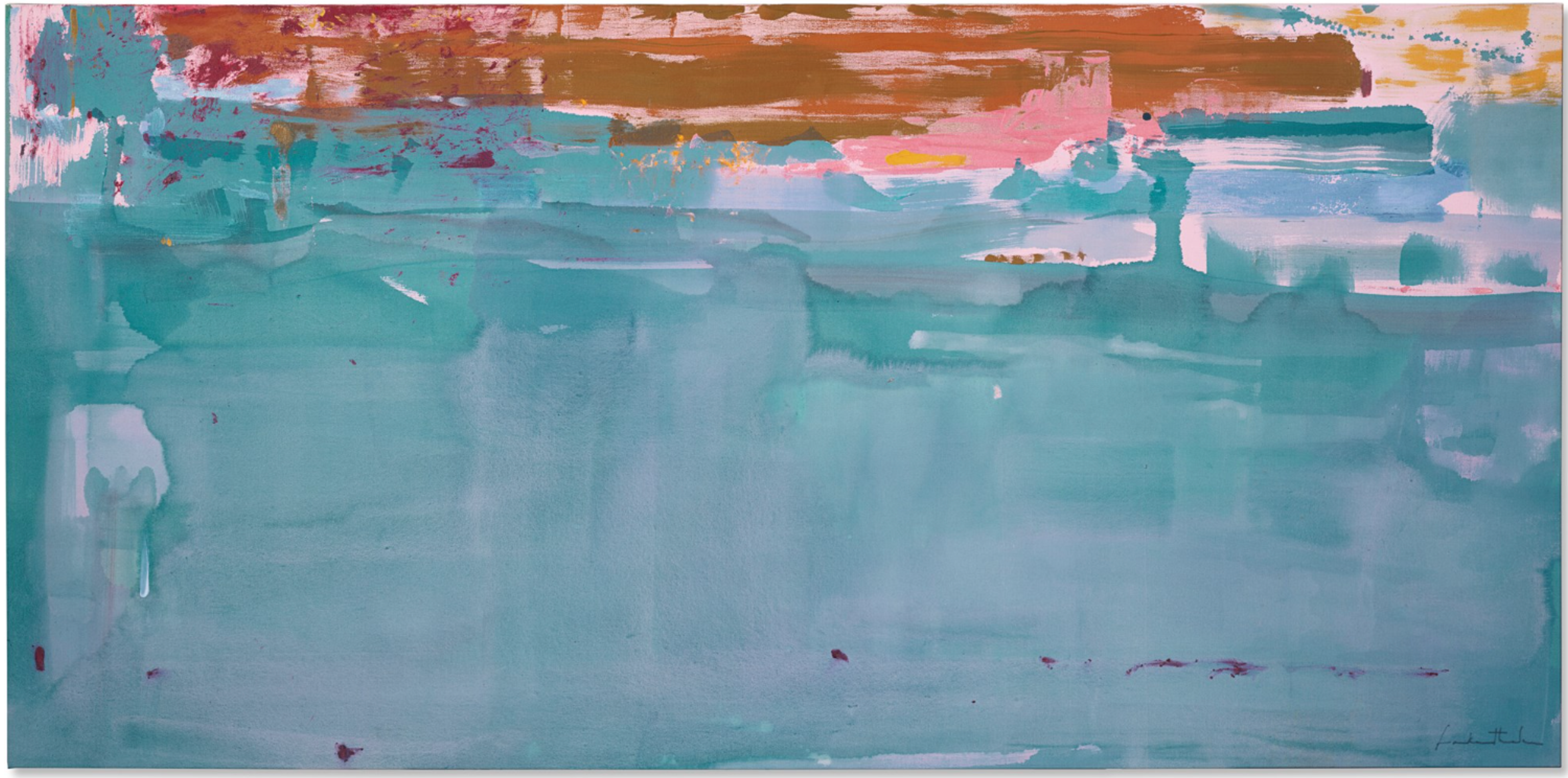Yellow, pink, and blue hued abstract canvas by Helen Frankenthaler. 