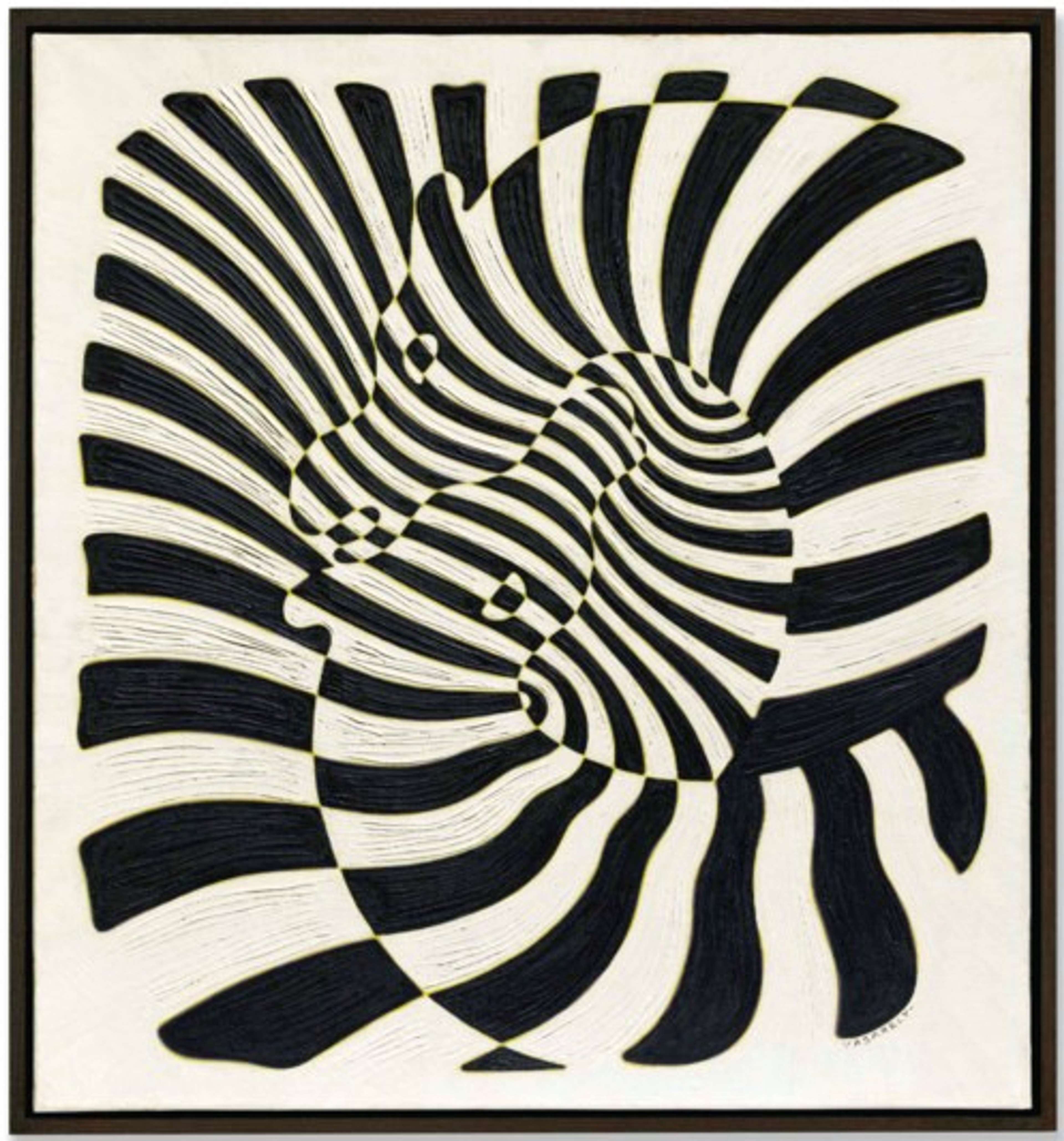 An optical view of two intertwined zebra necks forming an illusion of striped patterns. The zebras' heads emerge, revealing their camouflaged facial features.