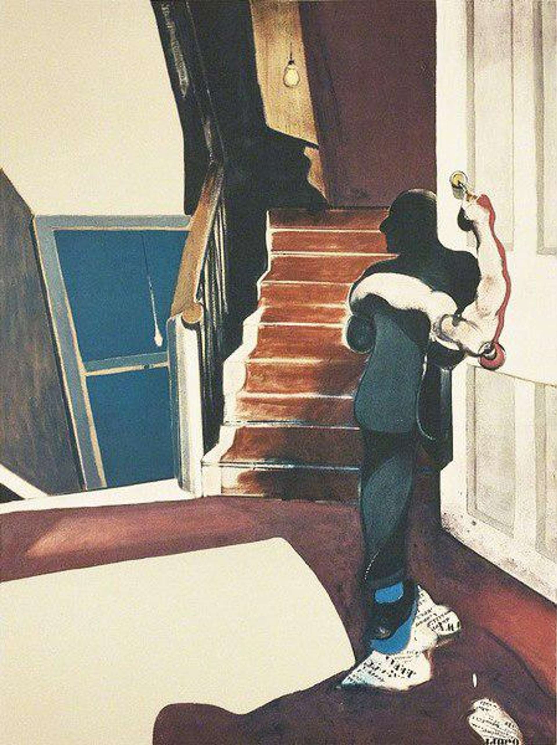 Francis Bacon's After Triptych In Memory Of George Dyer (centre panel). Silhouette of a man standing in a hallway next to a staircase and door.