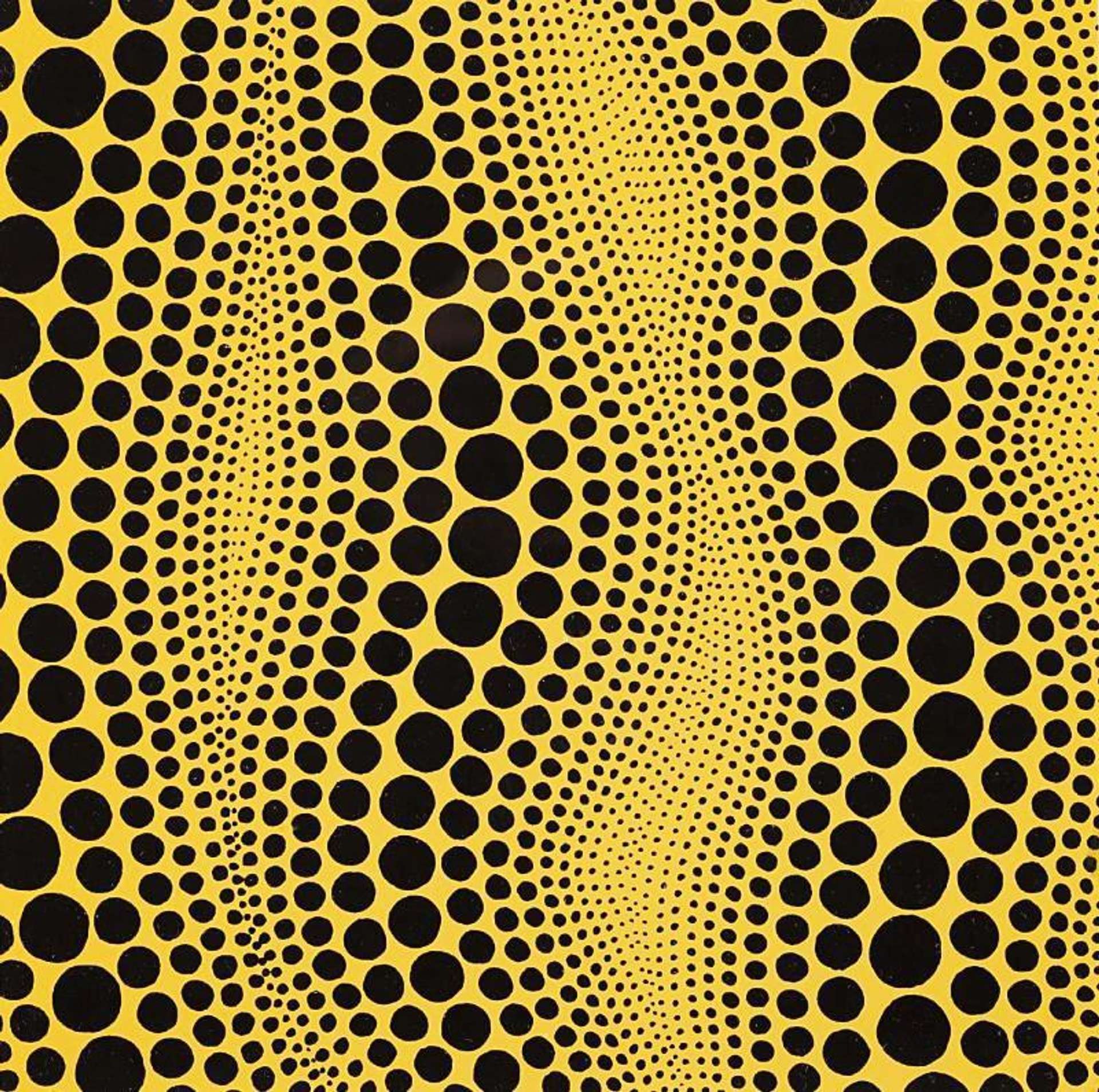 A woodcut print by Yayoi Kusama depicting a wavy pattern of black dots, in various sizes, against a yellow background