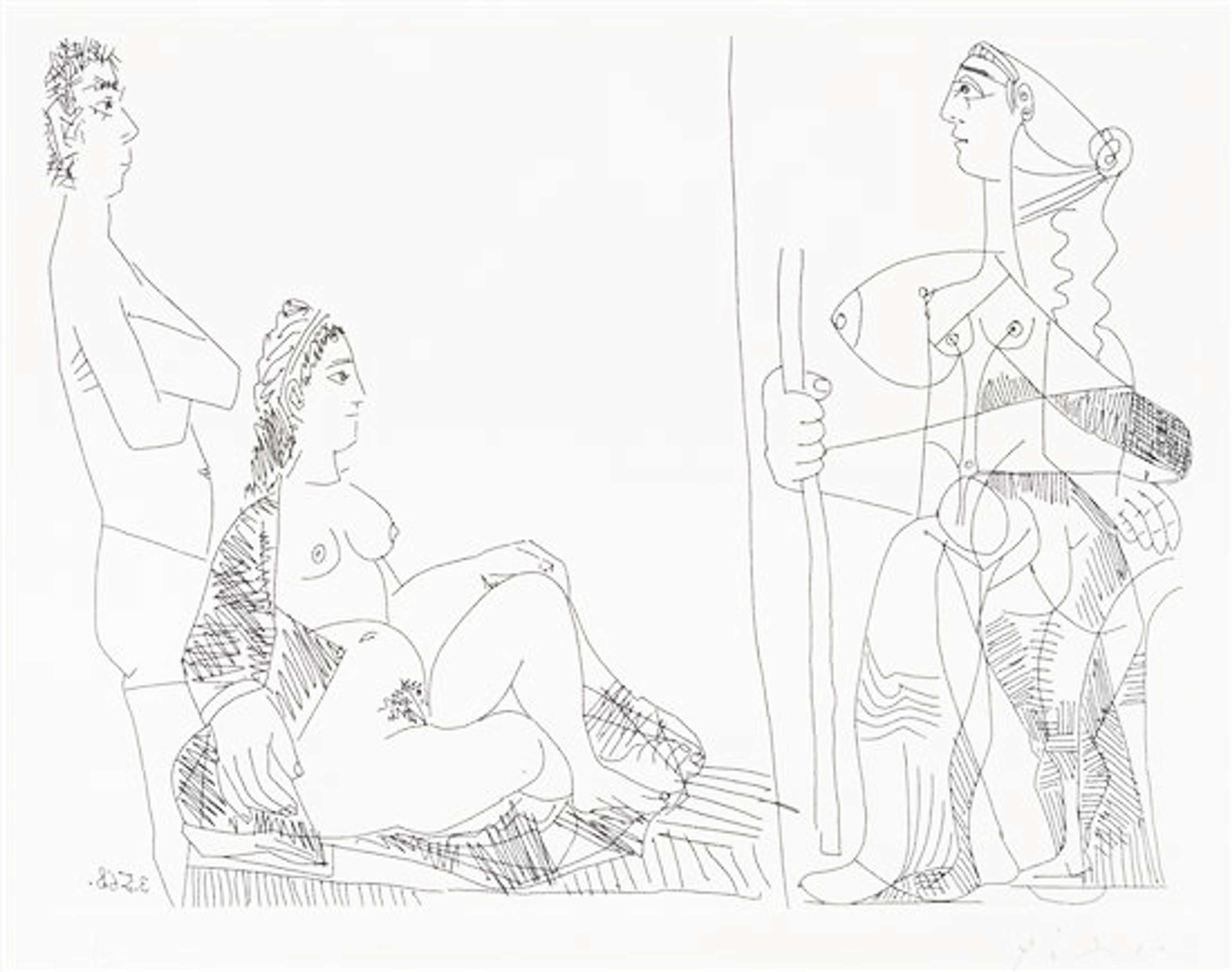 An image of the artwork Couple Et Voyageuse by Pablo Picasso. It shows three human figures depicted in linework, with the two figures on the left being shown in a more realistic style, while the one on the right is in Picasso's distinct Cubist style.
