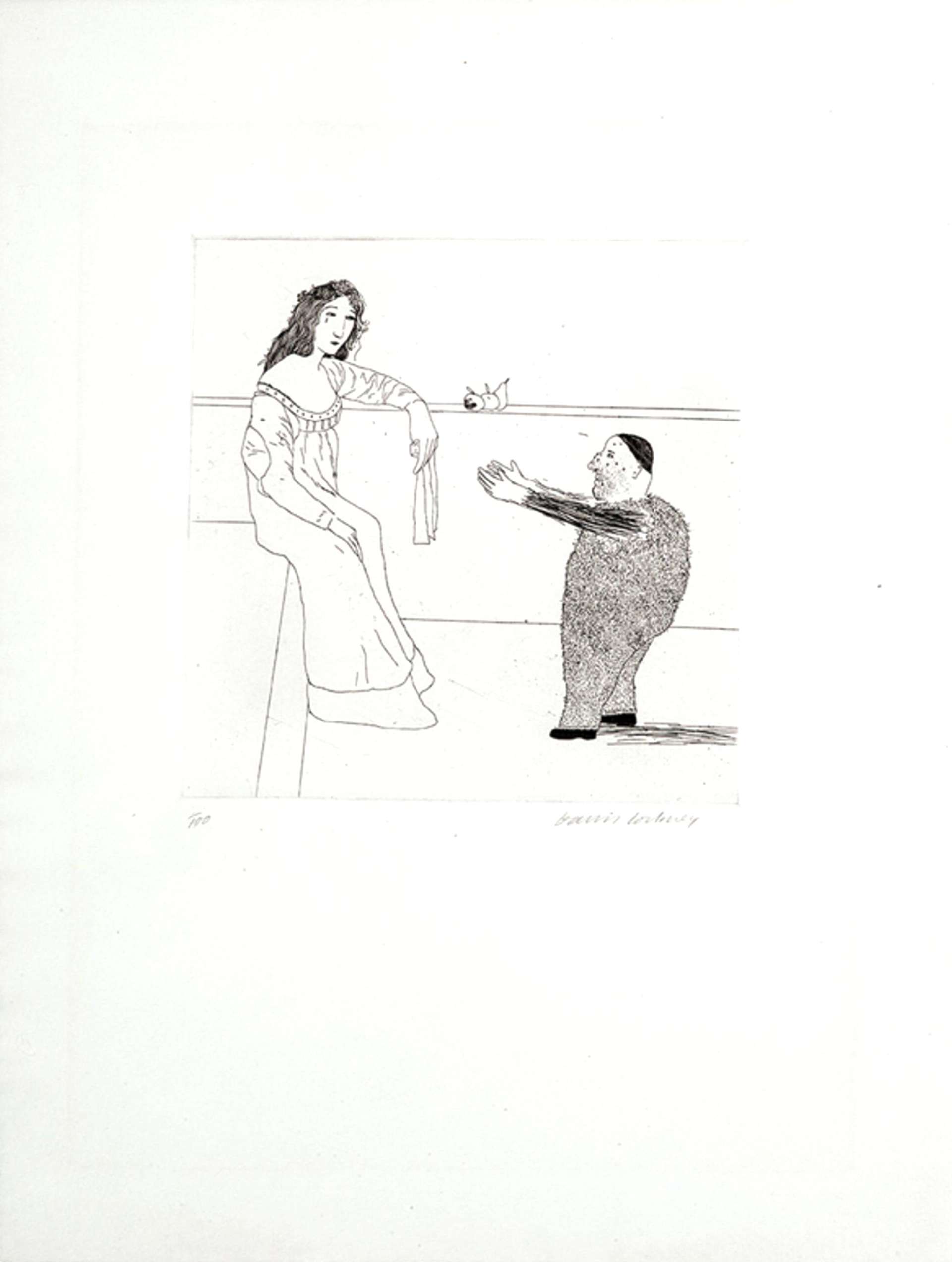 A monochromatic etching by David Hockney depicting a small man reaching up towards a gowned woman on the left