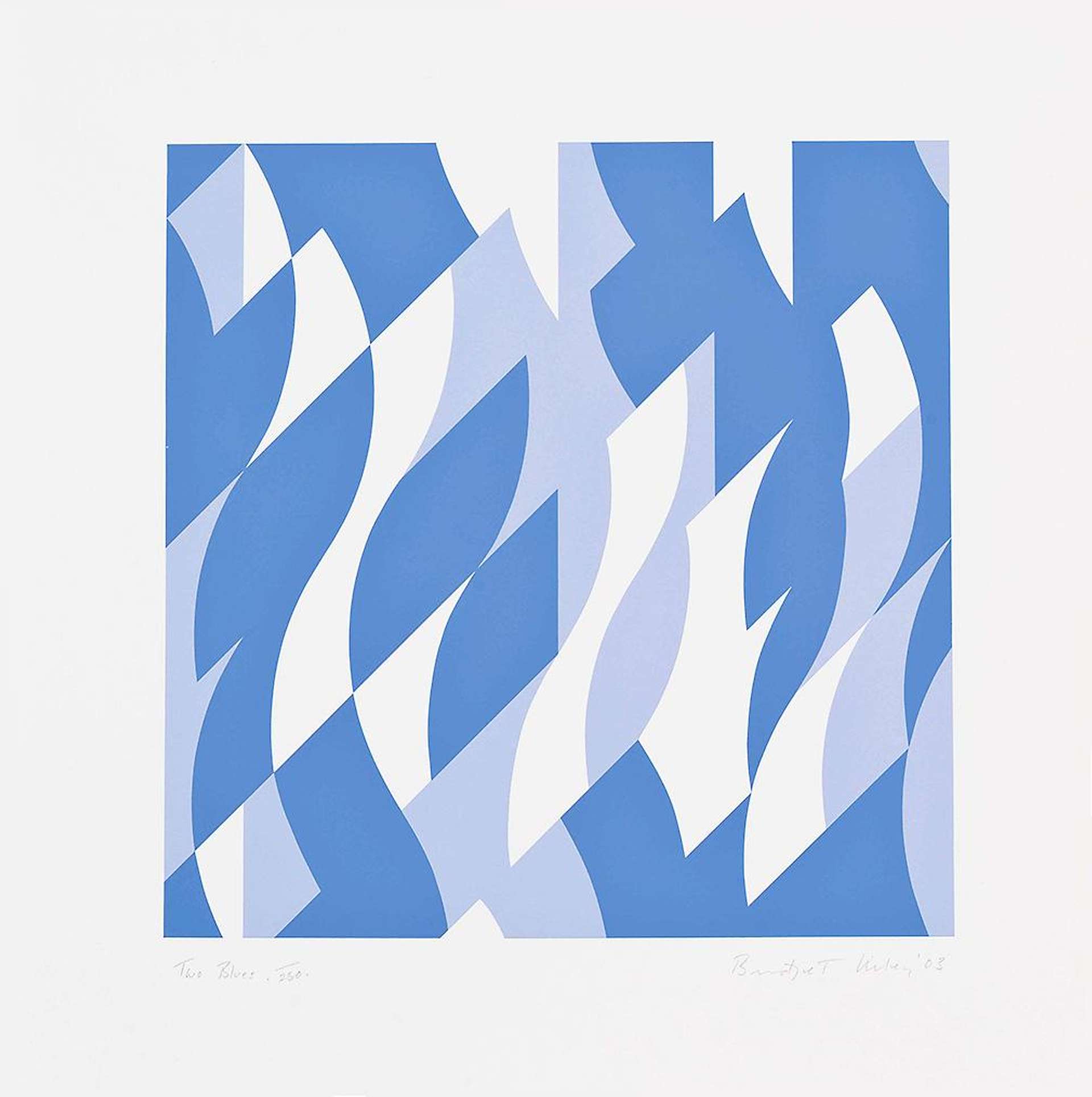 Bridget Riley’s Two Blues. An abstract pattern of geometric shapes in a variety of blue hues.