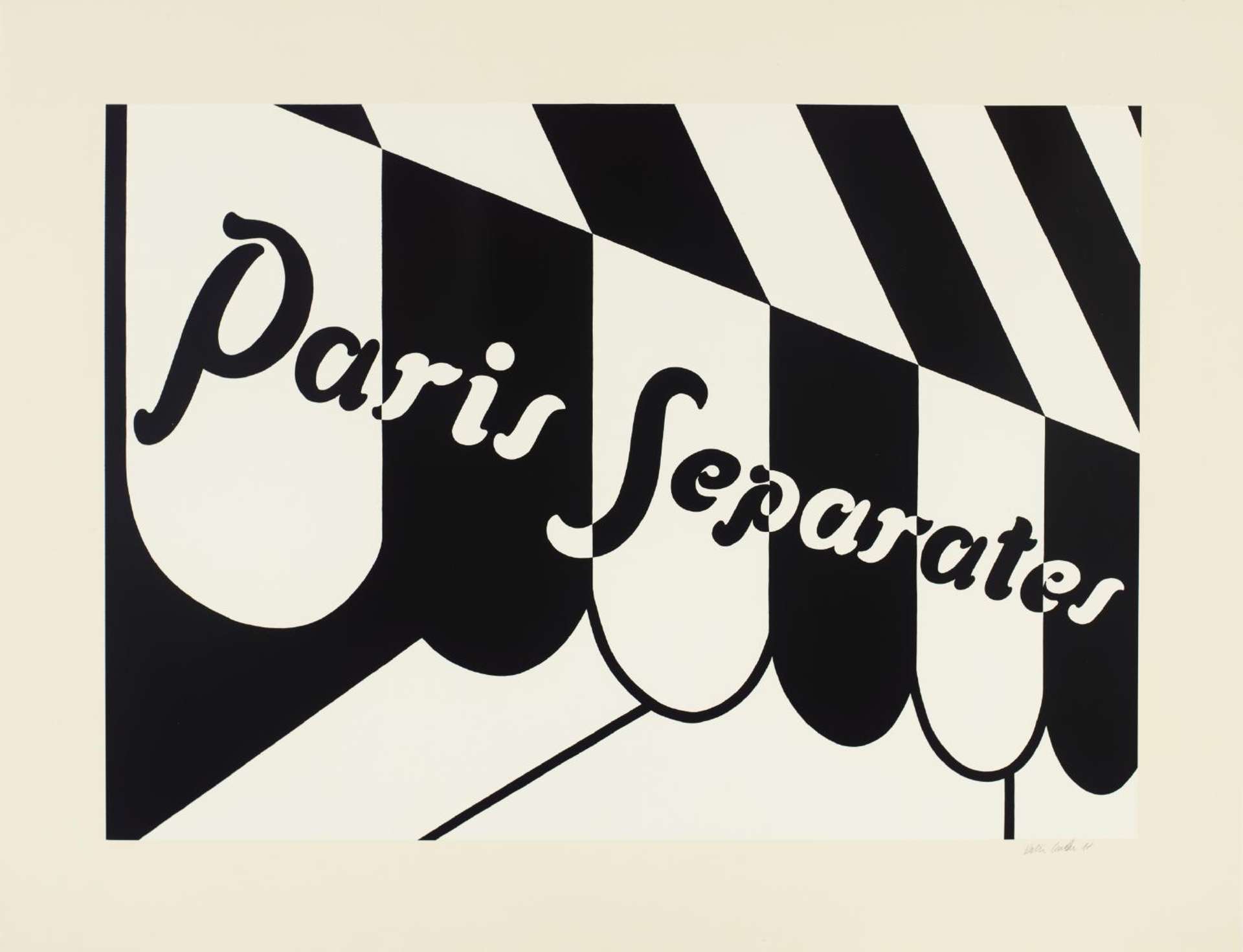 An image of the print Paris Separates by Patrick Caulfield, which is a monochrome depiction of a striped awning.