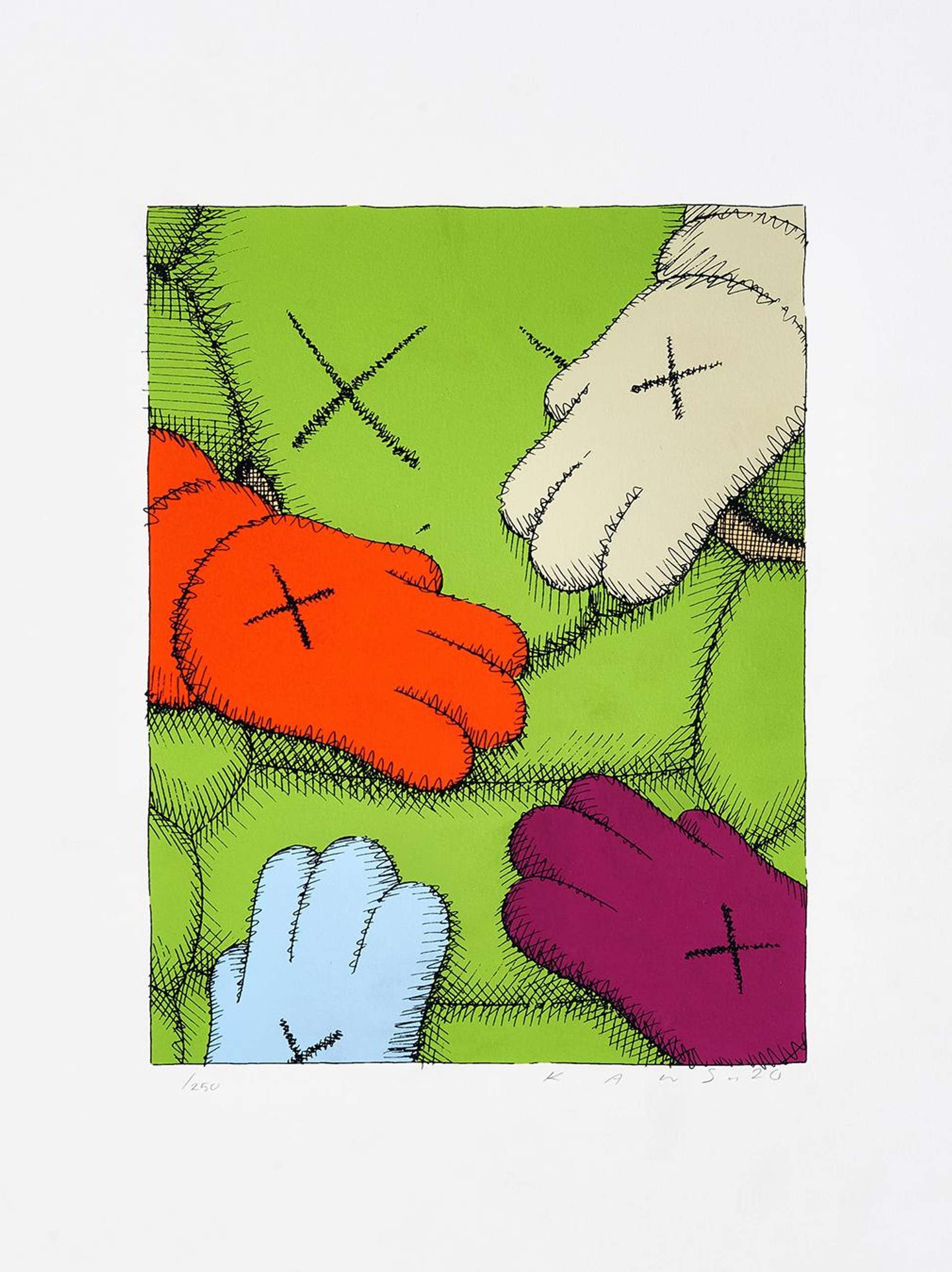 KAWS’ Urge 9. A screenprint of multiple animated hands covering a green animated figure. 