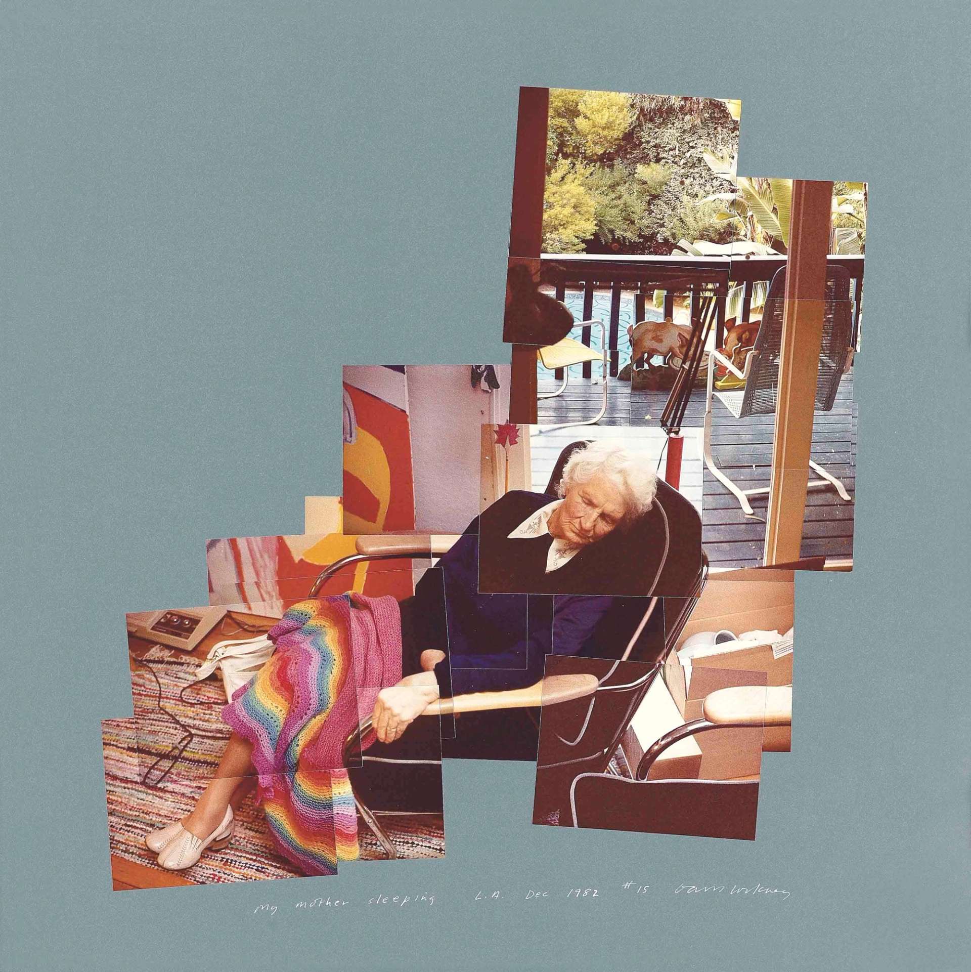David Hockney's My Mother Sleeping, Los Angeles. A photo collage of a woman sitting in a chair, covered with a blanket, sleeping.