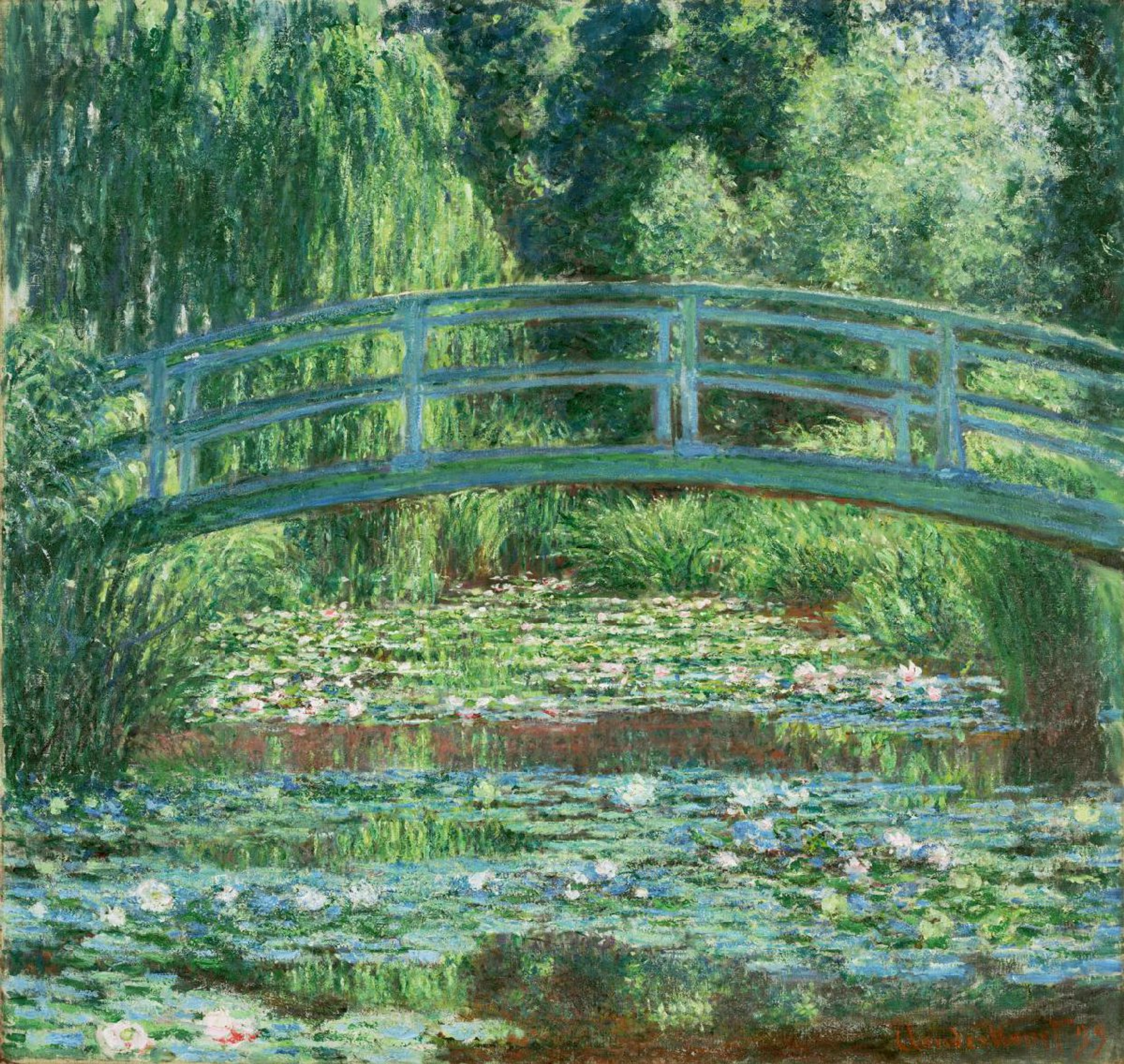 This painting by Claude Monet shows a wooden bridge over a lily pond. The colour palette is almost entirely done in shades of green.