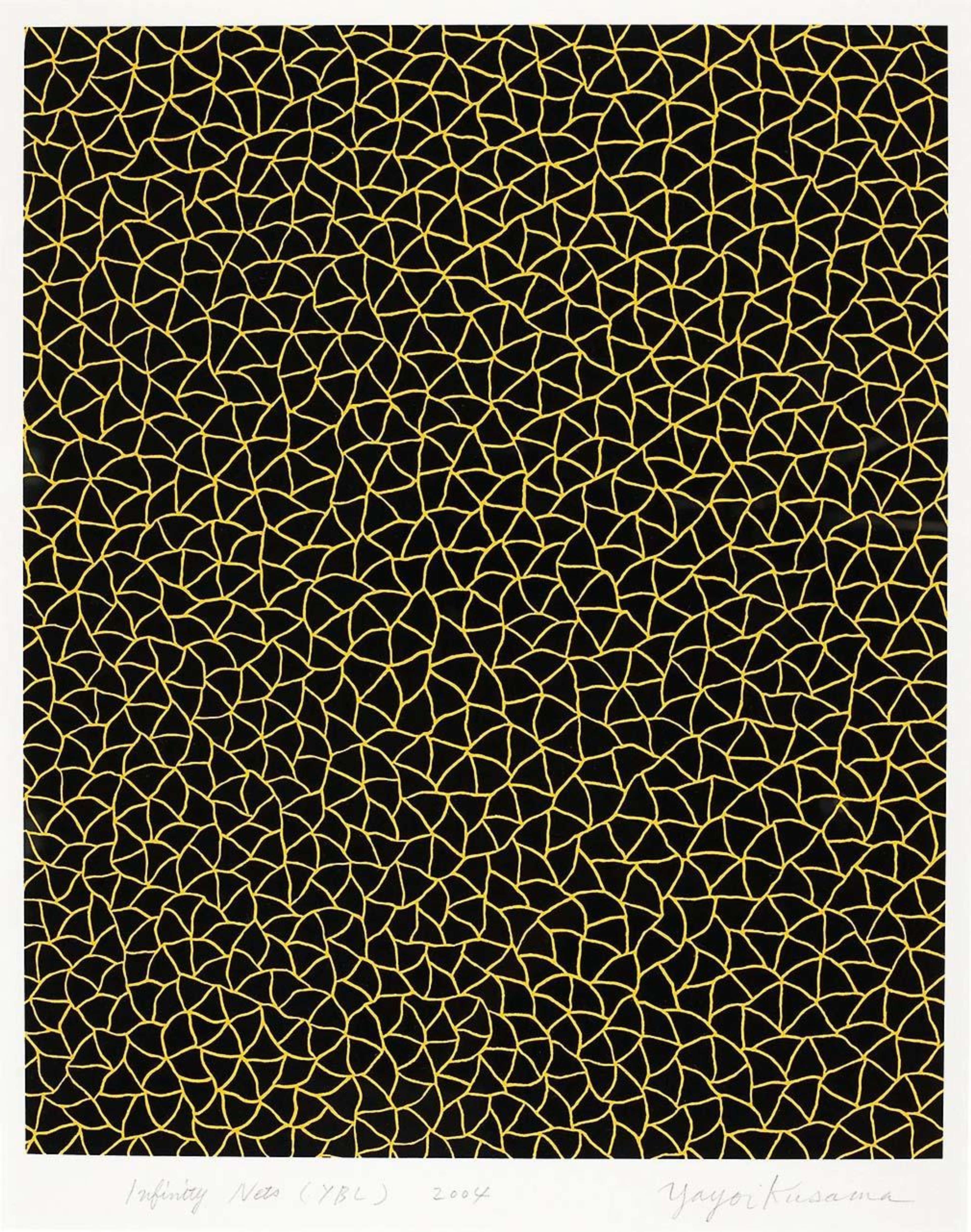 Yayomi Kusama's Infinity Nets (YBL). A lithographic print of a yellow, geometric pattern over a black background. 