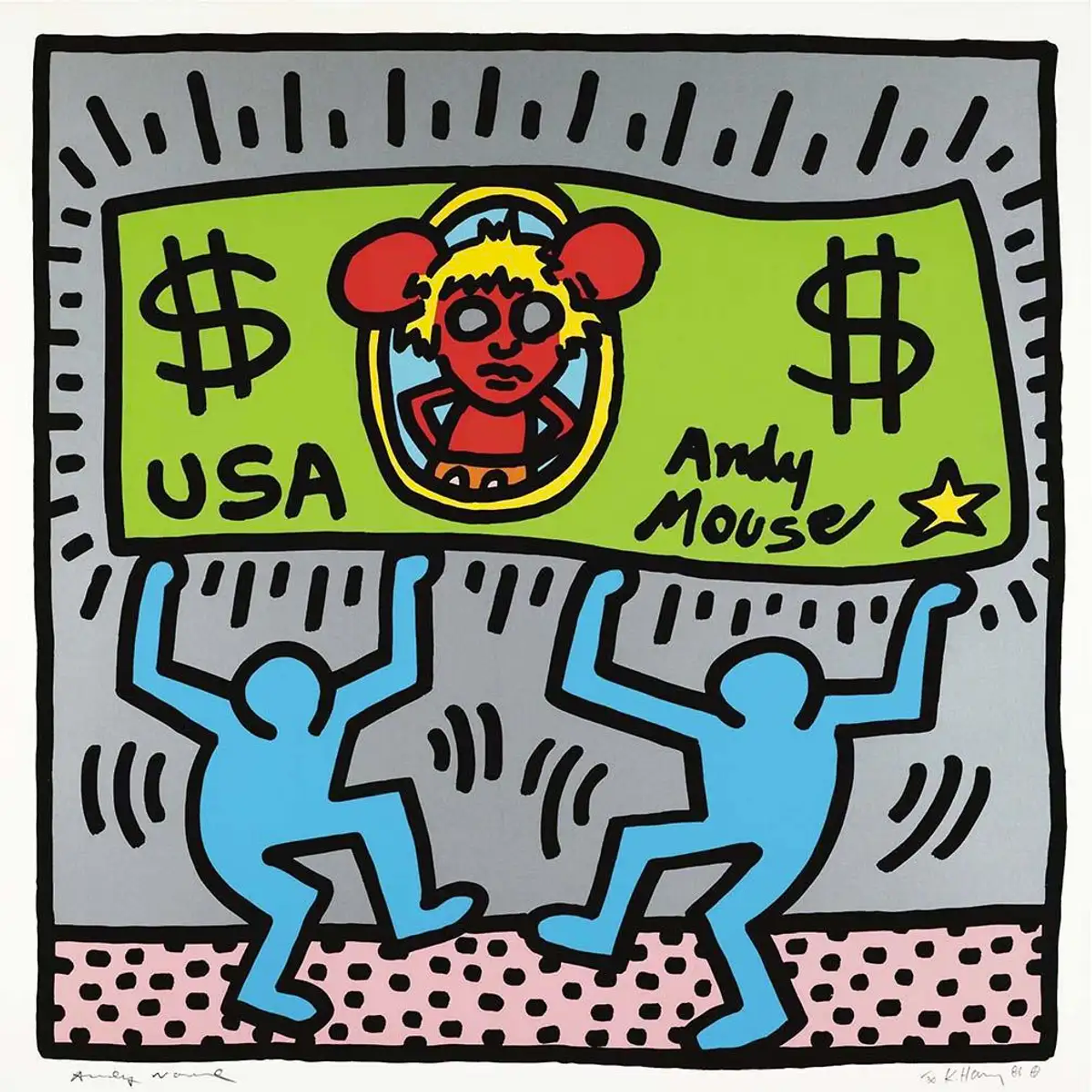 An image of the print Andy Mouse 3 by Keith Haring, featuring two dancing figures holding aloft a large dollar bill with the figure of a spiky haired Andy Warhol with Mickey Mouse ears.