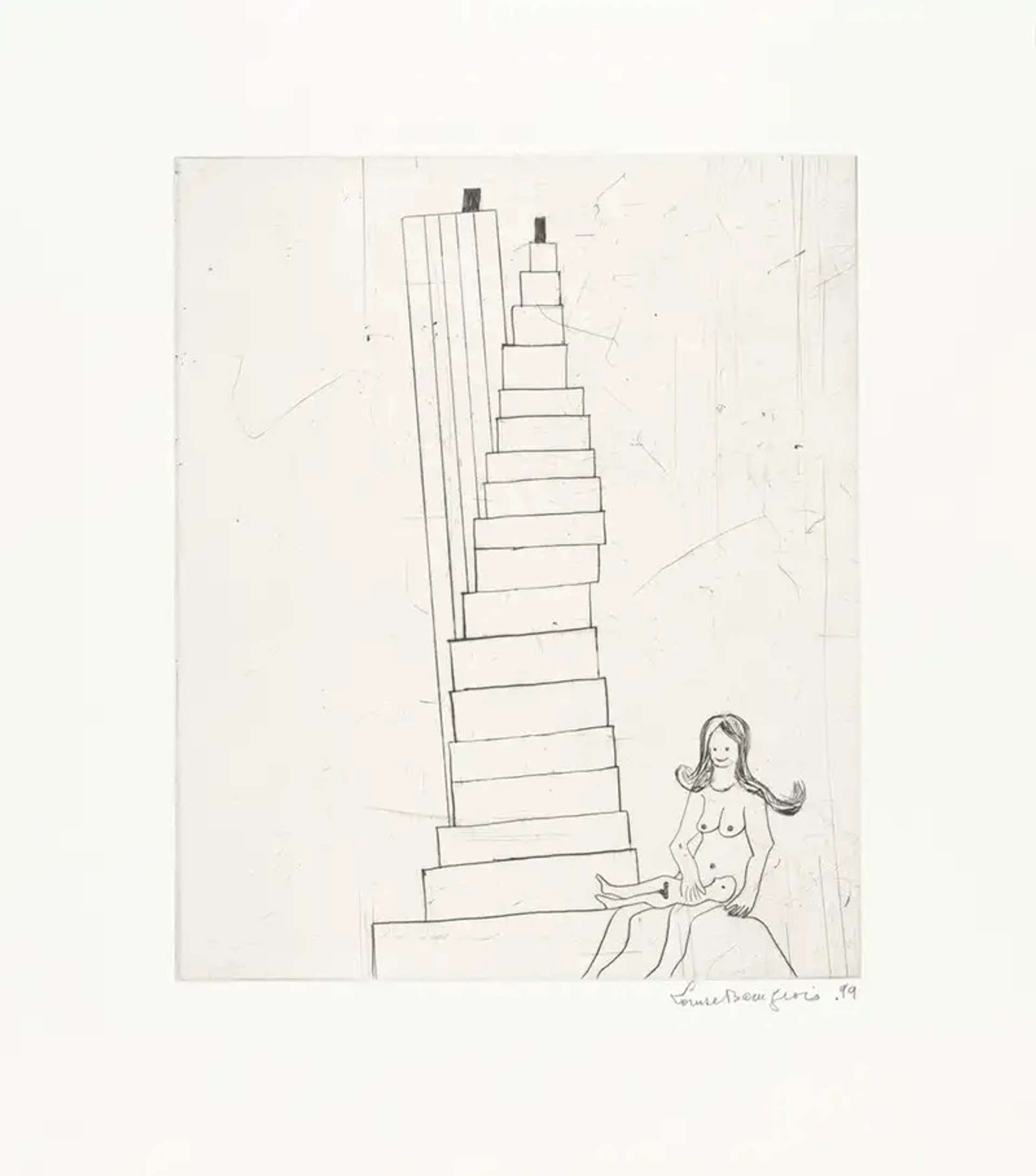 Louise Bourgeois’ Mother And Child. A drypoint print of a nude woman sitting at the bottom of a staircase with her child on her lap.