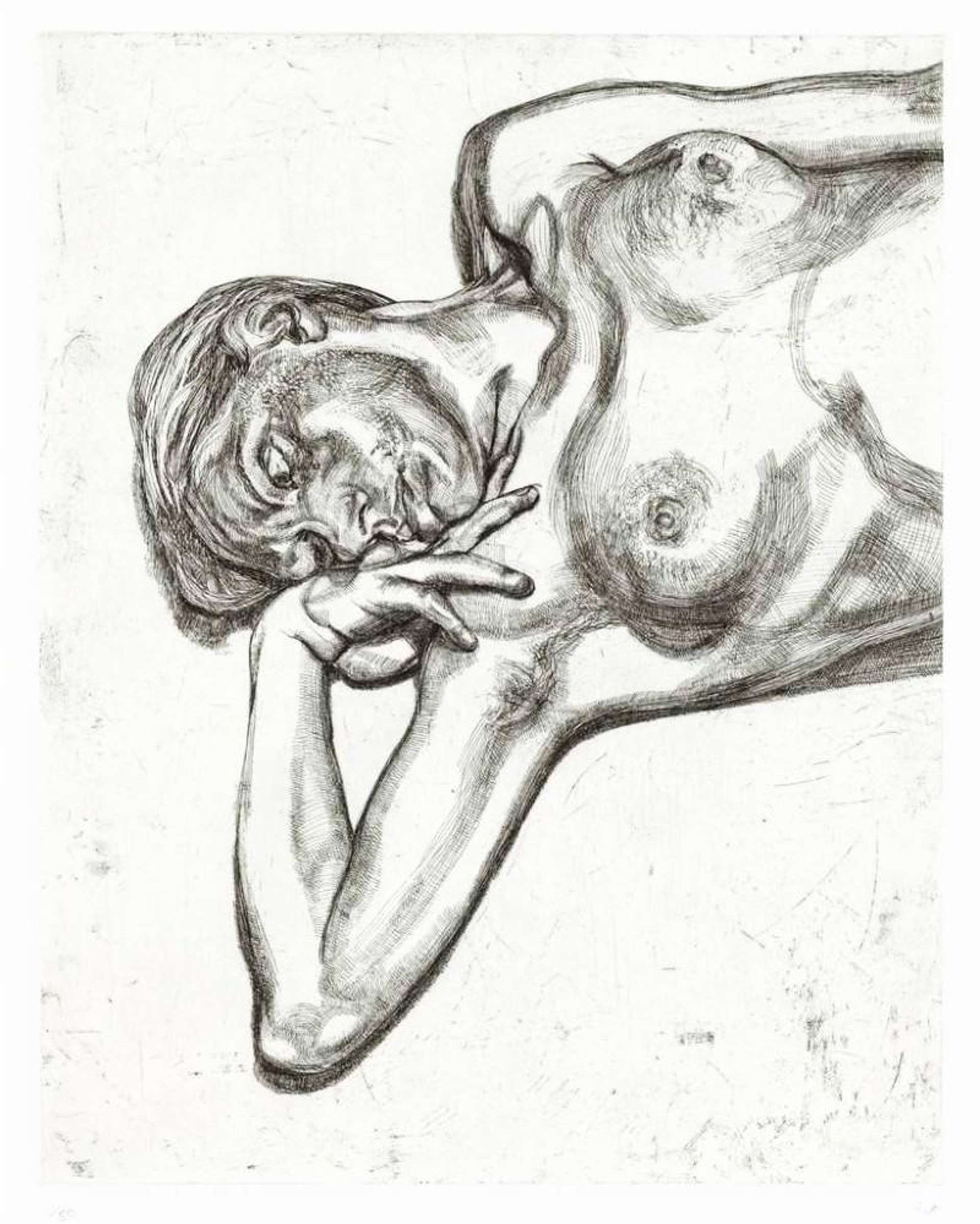 Lucian Freud's Head And Shoulders Of Girl. A drawing of a nude woman from the chest up. She is lying on the ground with her face resting on her hand.
