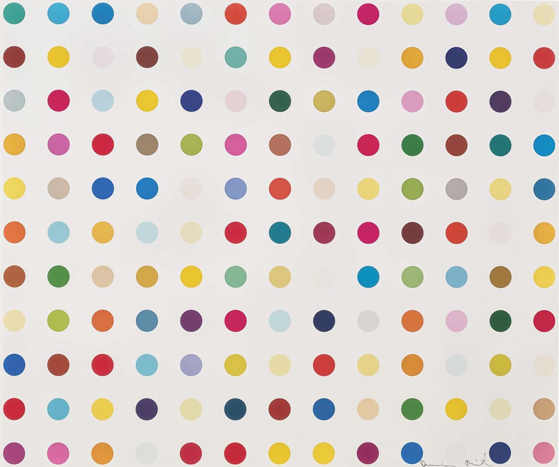 Lysergic Acid Diethylamide (LSD) is an etching by Damien Hirst from 2000 that shows many spots arranged methodically into rows, identical in size and shape.