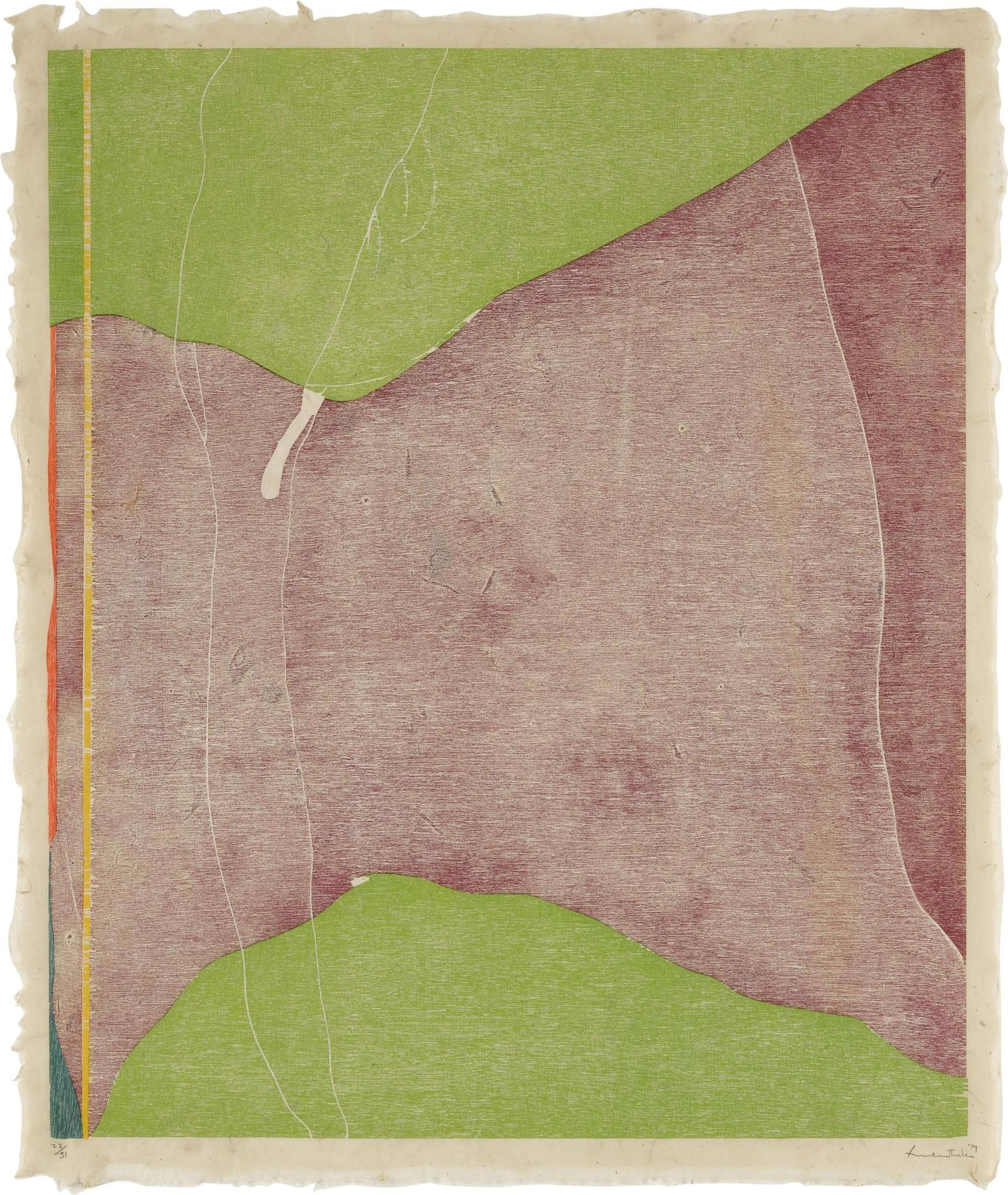 Helen Frankenthaler’s Savage Breeze. An abstract expressionist woodcut print of a landscape of green grass and muted red in between.
