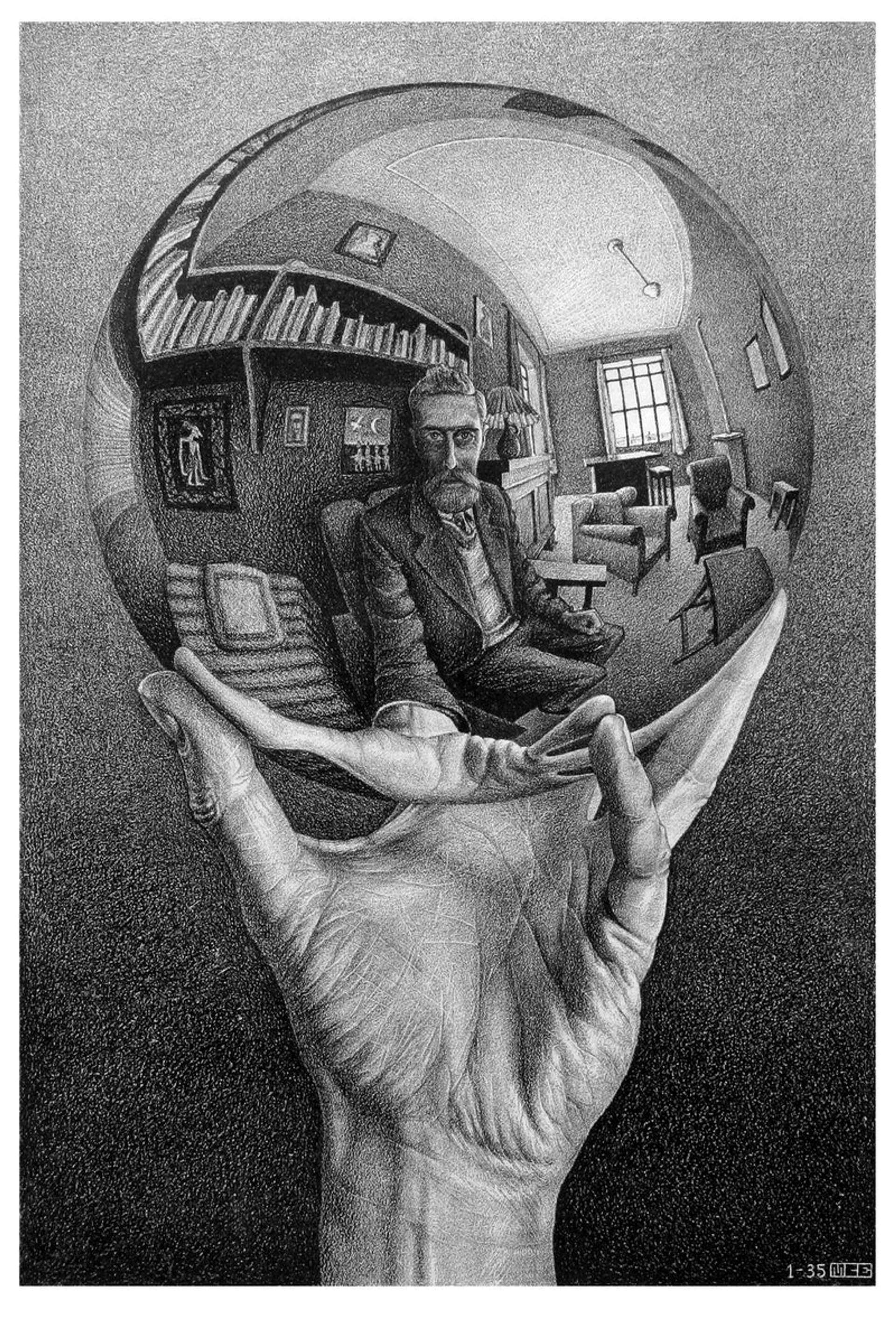 Black & white hand holding a reflective sphere where we can see an older man in a suit and glasses reflected
