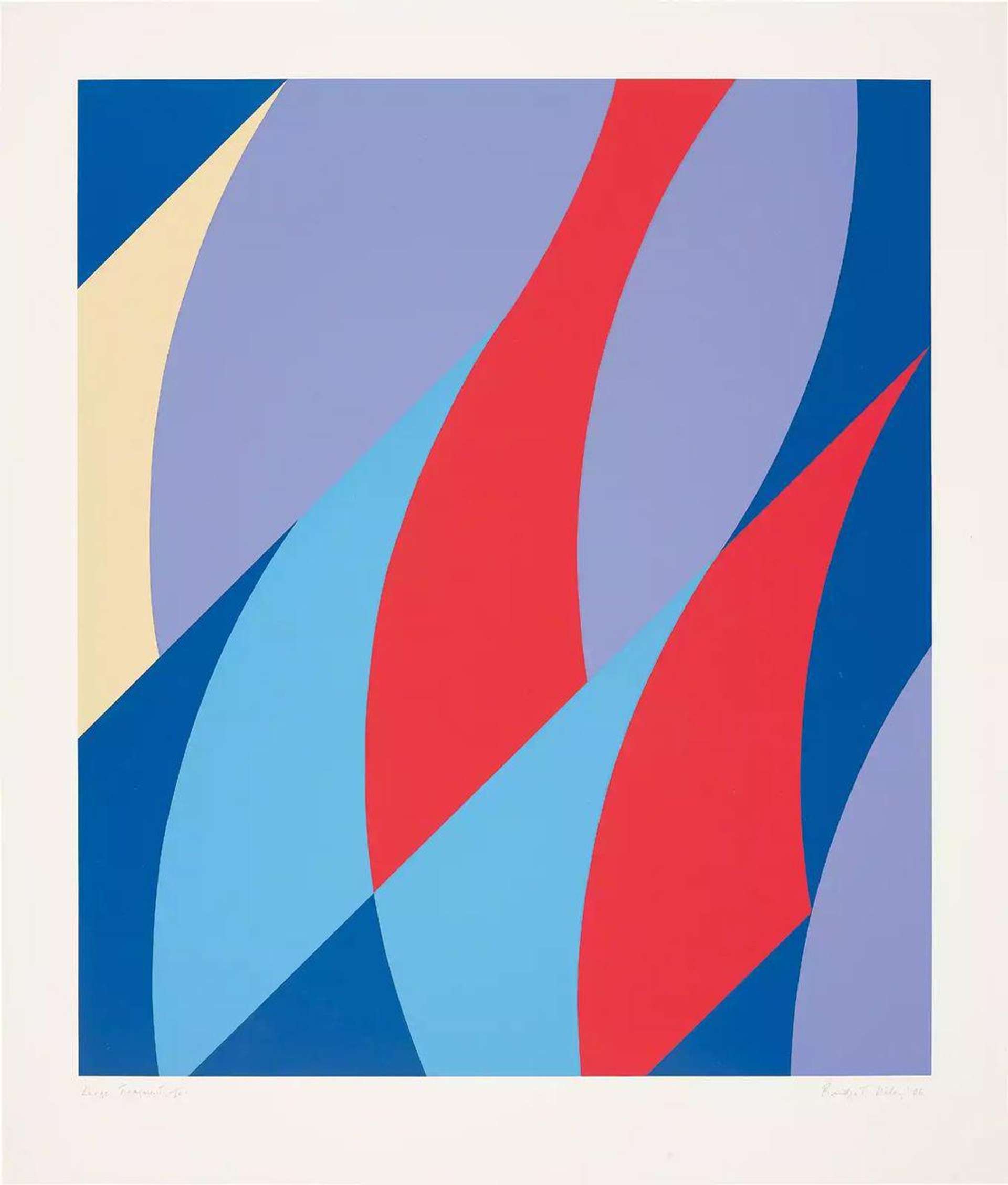 A screenprint by Bridget Riley depicting curved verticals and slanting diagonals in a pattern, in shades of blue, purple, white, and red.