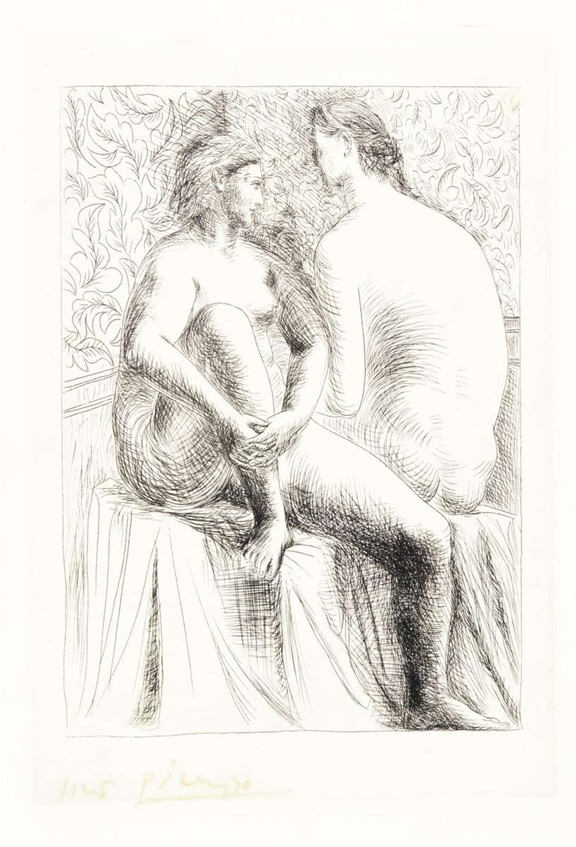 This print depicts two nude females engaging in conversation. The palette is monochrome and one of the women is facing away from the viewer.