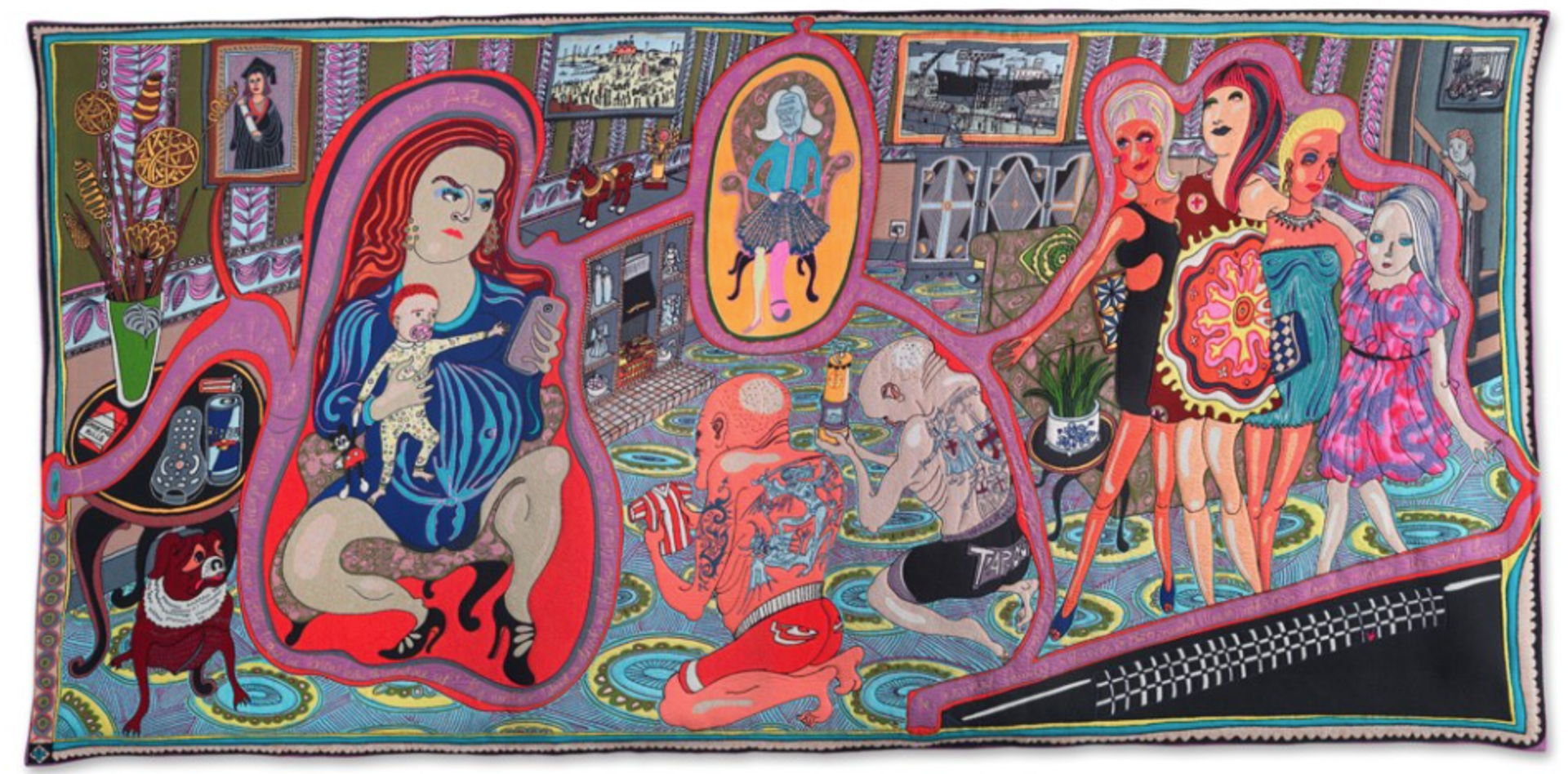 A detailed, colorful tapestry by Grayson Perry, depicting a vibrant domestic scene with characters engaged in various activities, including two muscular men in athletic wear. The artwork is set against a backdrop that combines household objects with traditional tapestry motifs.