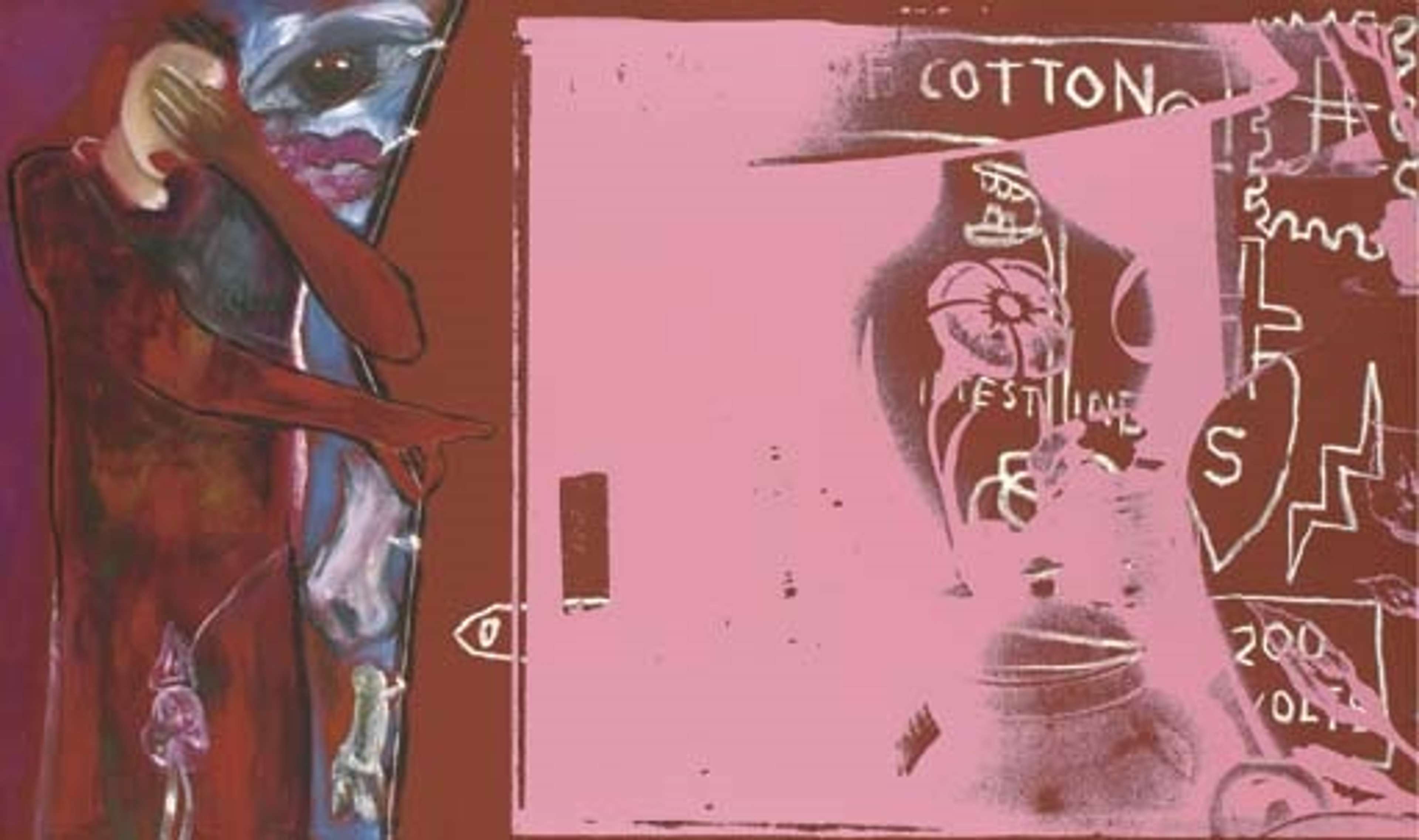 Canvas depicting abstract figures and faces against a red and pink background. Symbols and texts are obscured on the right hand side by the red and pink.