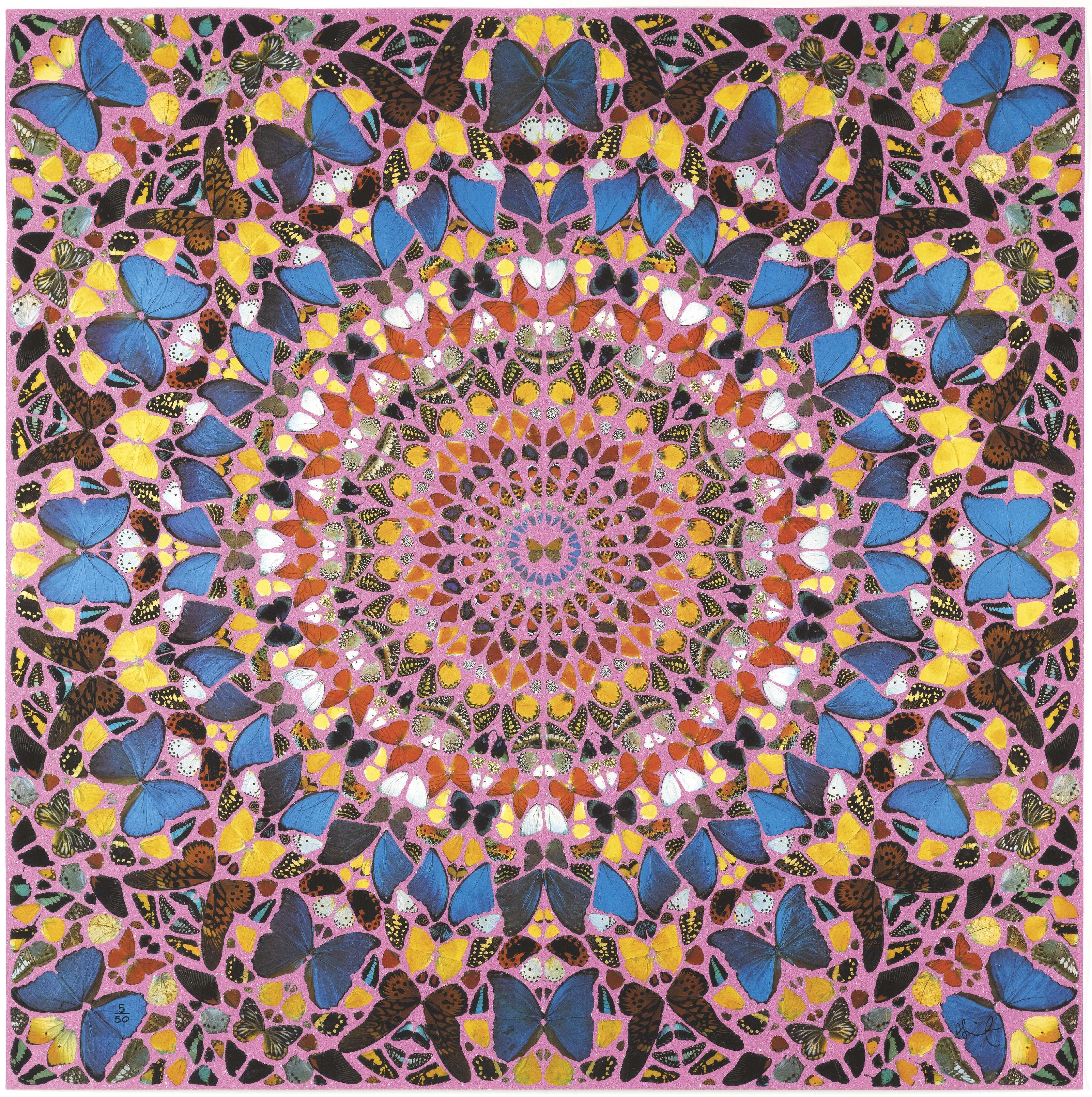 This print by Damien Hirst shows an intricate kaleidoscopic pattern made up of many varying butterfly wings. The print is depicted in an array of colours such as blue, yellow, purple, orange and red and the geometric composition is made up of concentric circles.