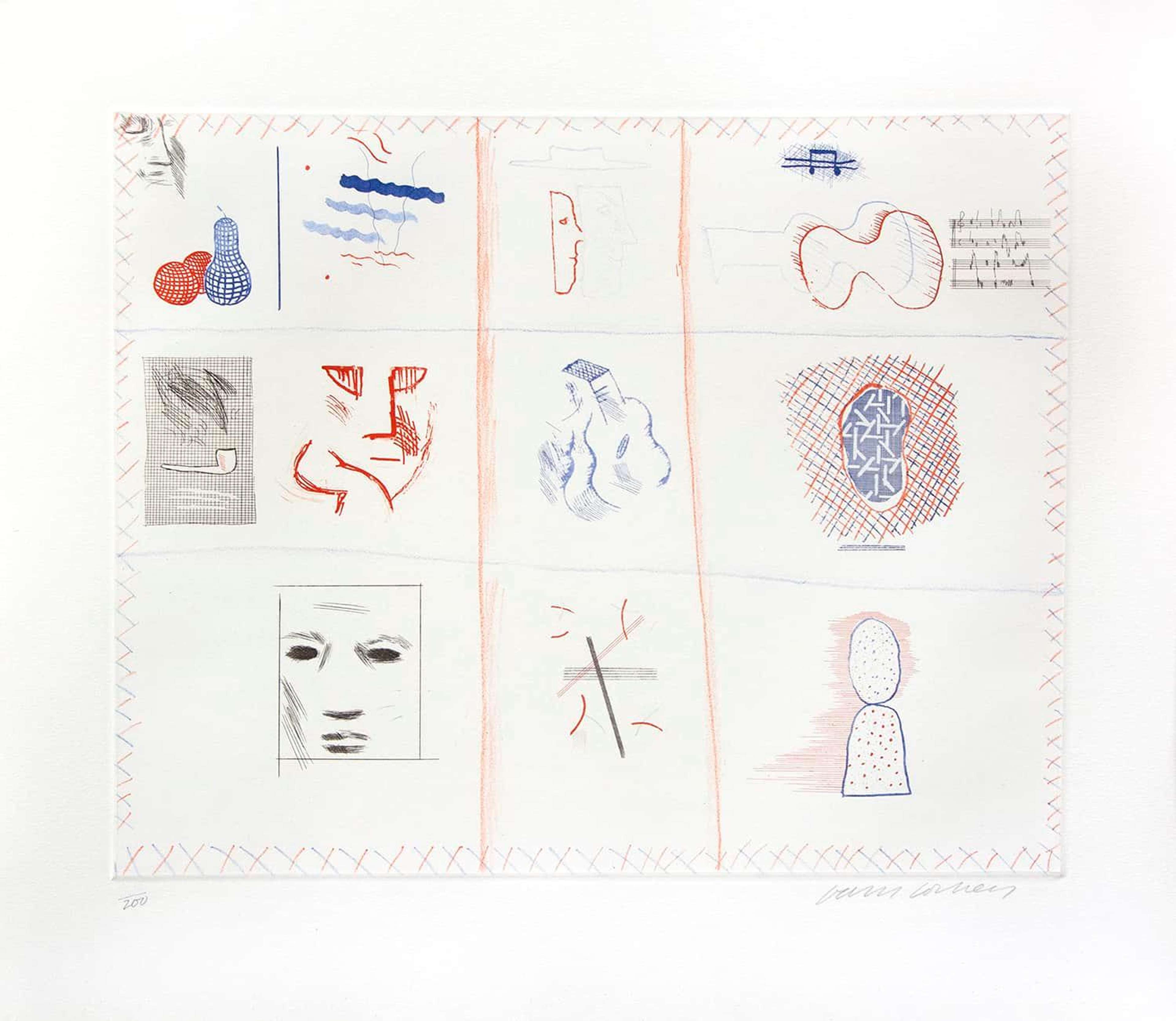 David Hockney’s Franco-American Mail. An etching of an envelope with nine squares filled with an assortment of images.