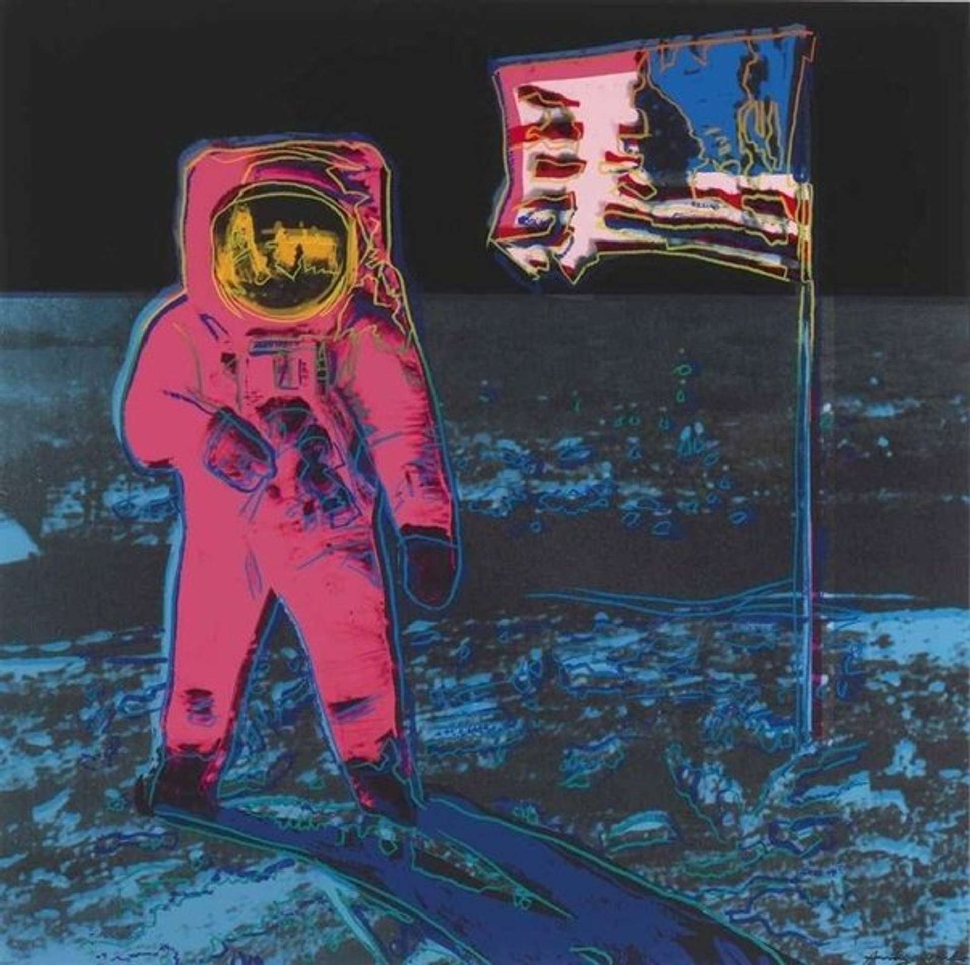 A screenprint of an astronaut wearing a white spacesuit on the moon's red surface. On the right side of the astronaut, an American flag is depicted, blowing to the left.