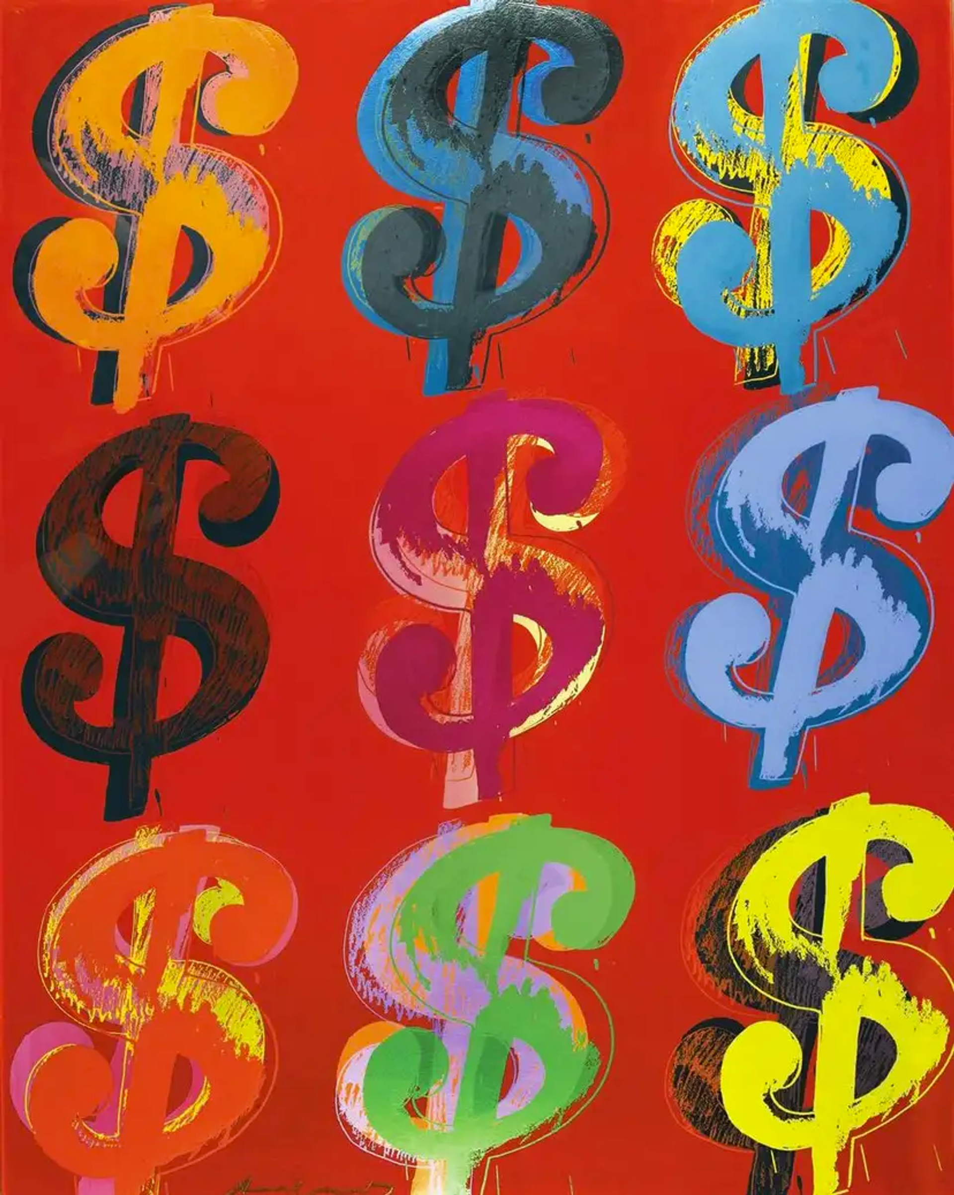 This print by Andy Warhol shows a series of dollar signs in various colours against a red background.