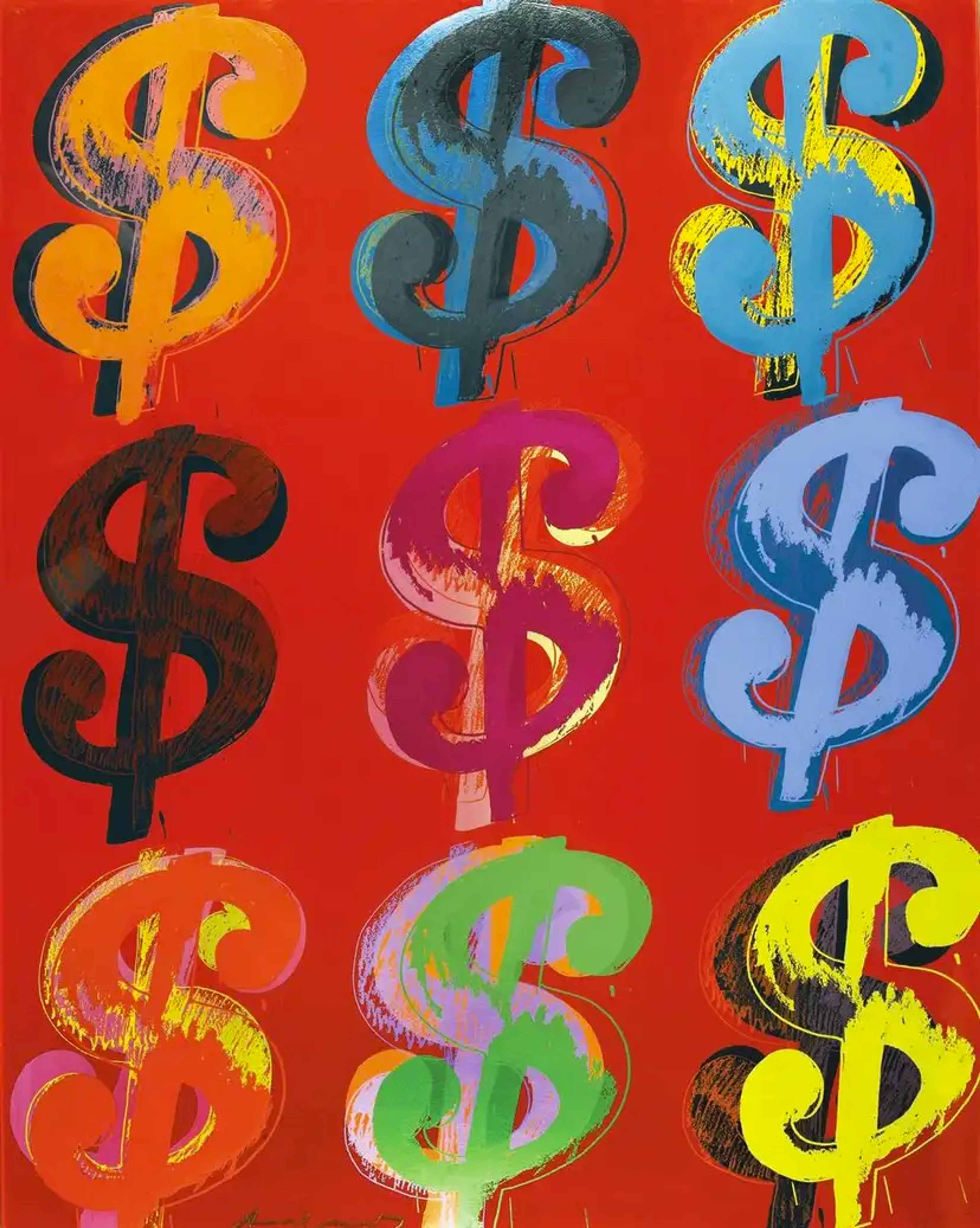 This print by Andy Warhol shows a series of dollar signs in various colours against a red background.