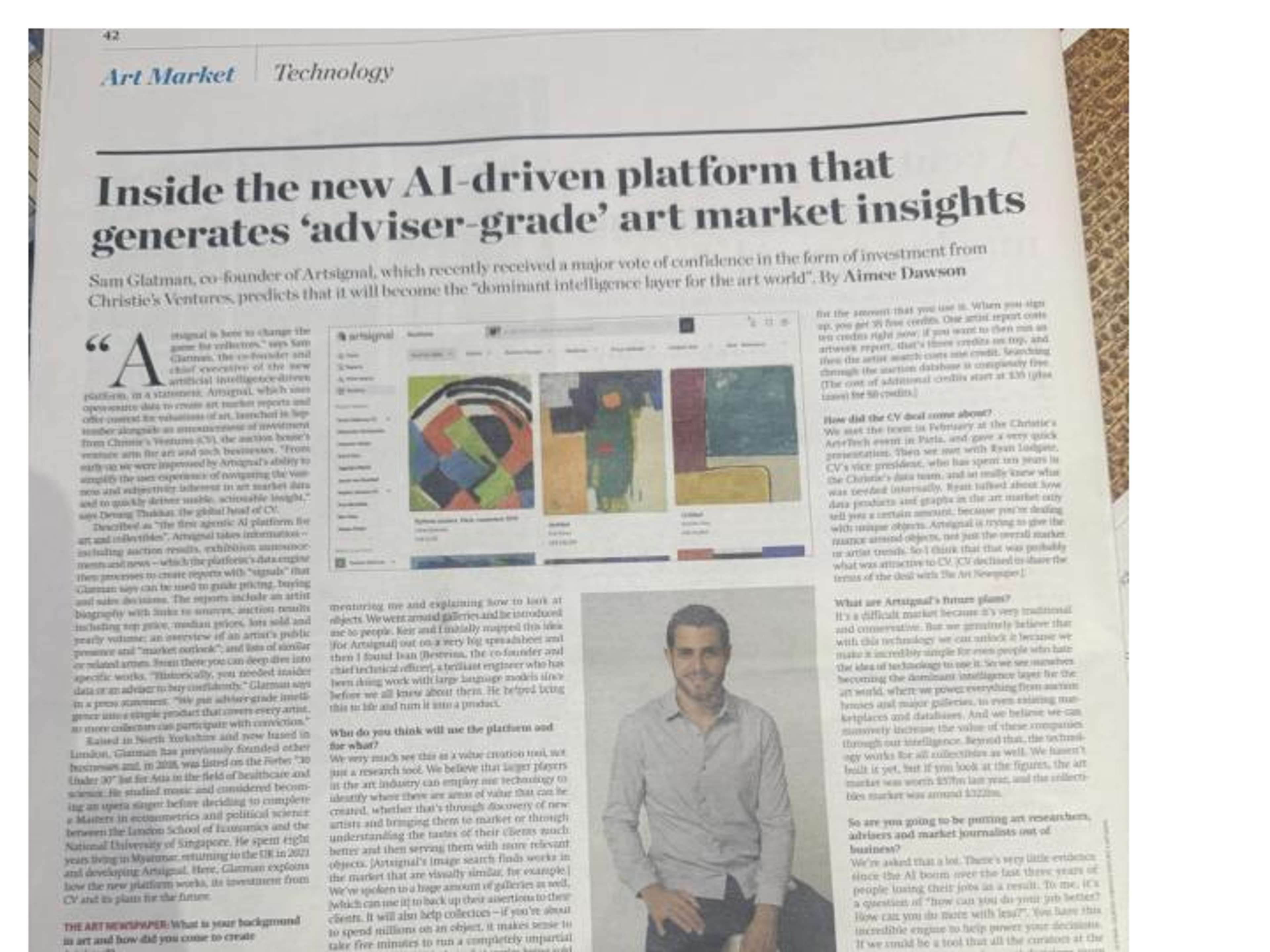 A newspaper article titled “Inside the new AI-driven platform that generates ‘adviser-grade’ art market insights,” featuring images of artwork data and a portrait of Sam Glatman.