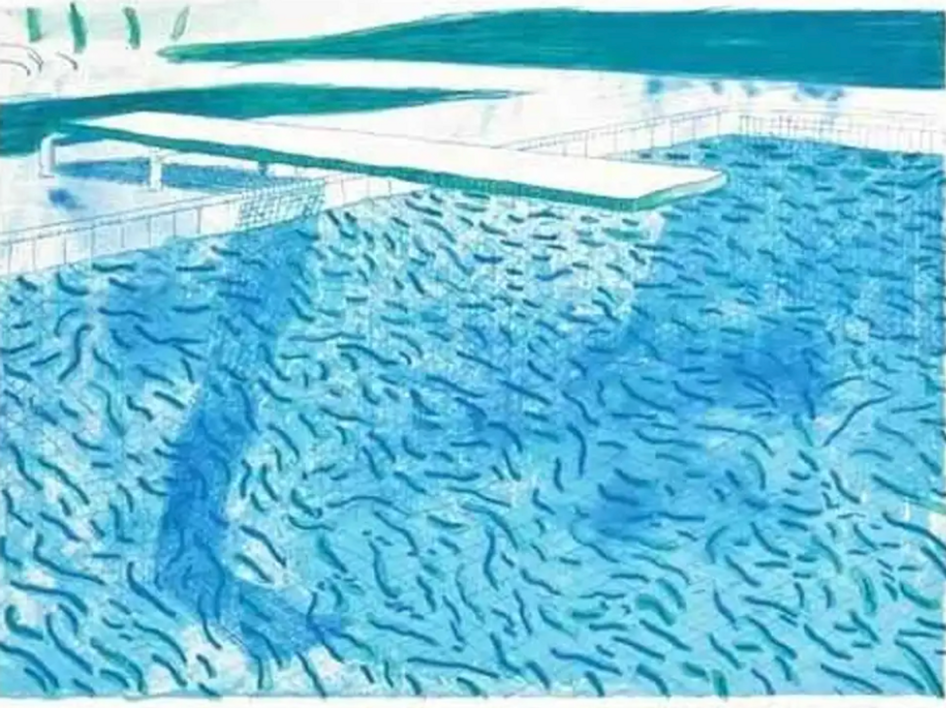 Lithograph of water made of thick and thin lines, a green wash, a light blue wash and a dark blue wash by David Hockney