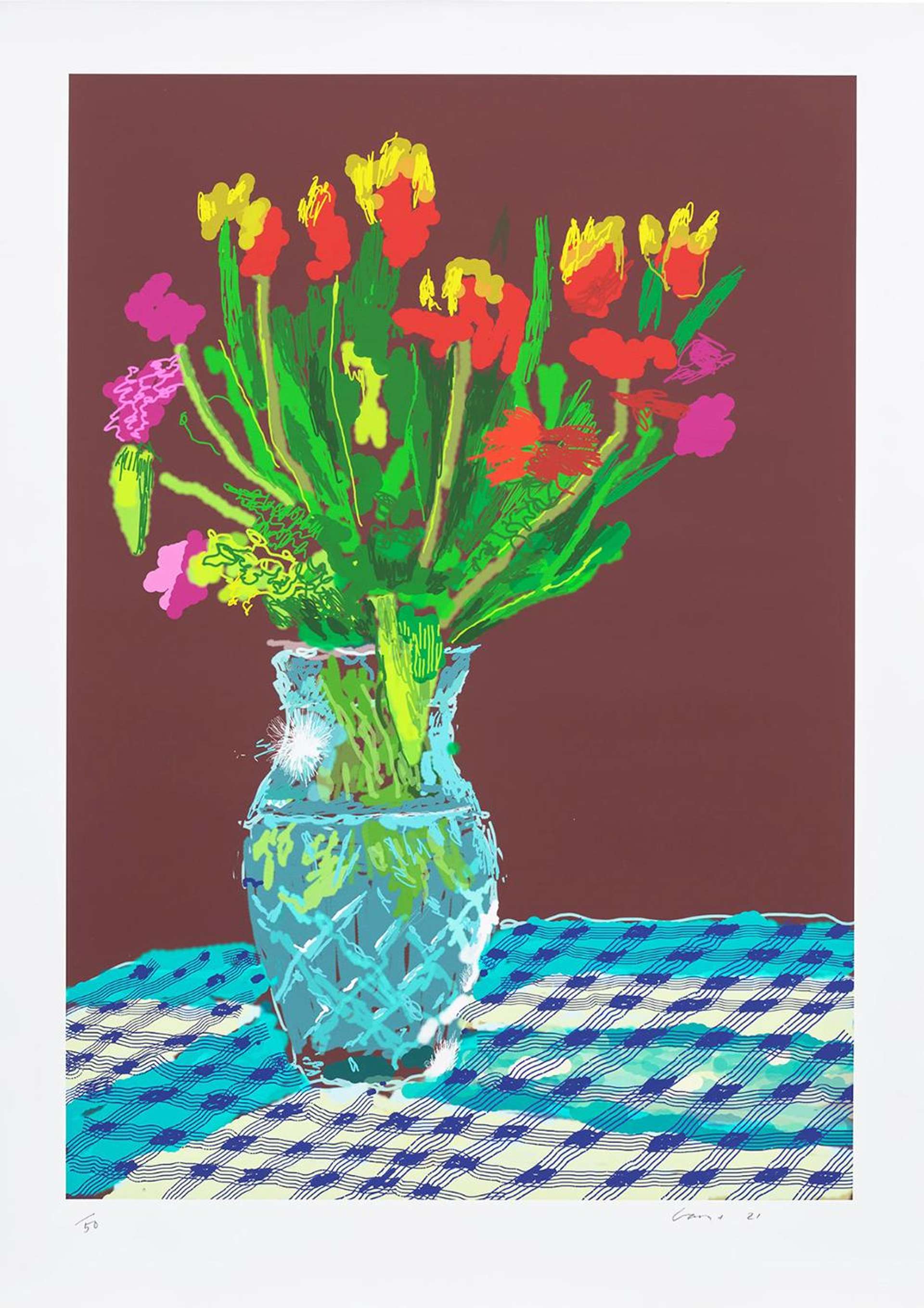 24th February 2021, Red, Yellow And Purple Flowers On A Blue Tablecloth - Signed Print by David Hockney 2021 - MyArtBroker