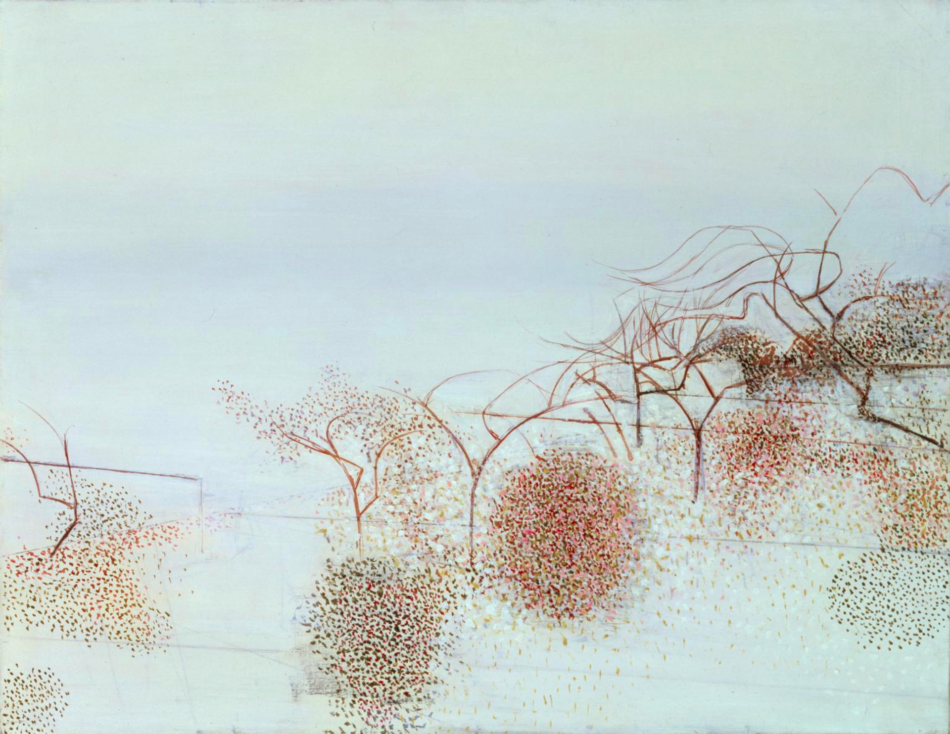 A white-washed landscape painting featuring an abstracted pointillist depiction of bare trees, their leafless branches lining the right edge of the artwork. The arrangement of the trees creates a fluctuating sense of depth, while pointillist dots below each tree suggest fallen leaves.