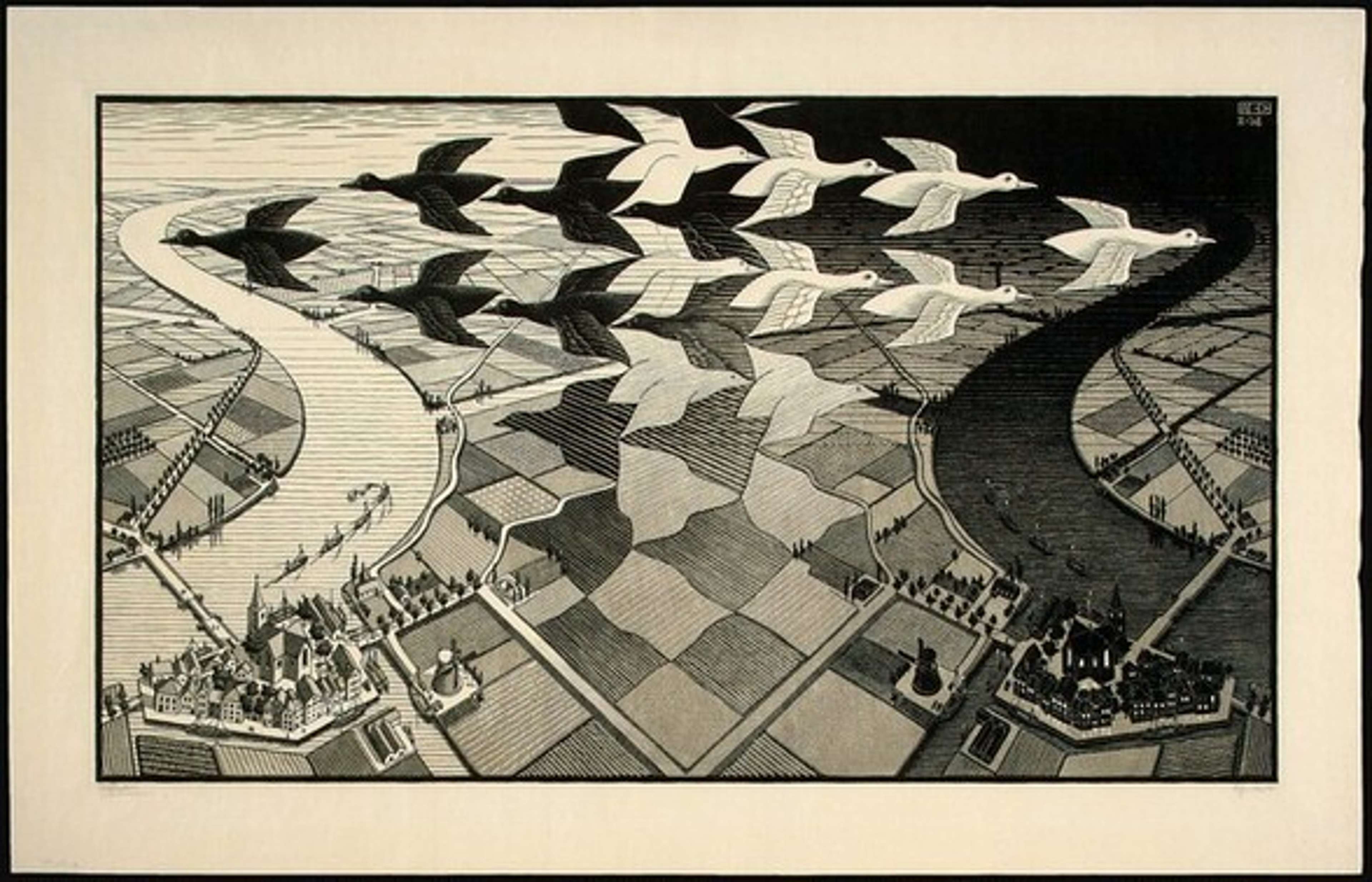 A black and white woodcut print titled "Day and Night" by M.C. Escher, featuring two landscapes in contrasting scenes and a tessellated pattern of black and white birds in the foreground.