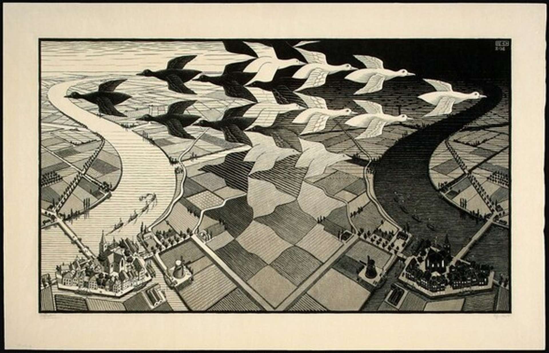 A black and white woodcut print titled "Day and Night" by M.C. Escher, featuring two landscapes in contrasting scenes and a tessellated pattern of black and white birds in the foreground.